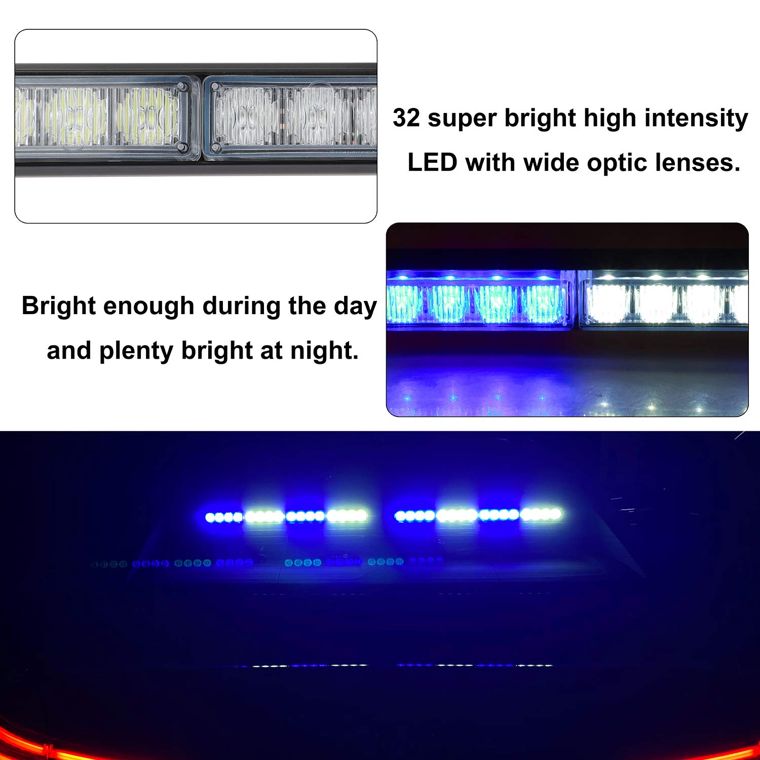 ASPL 2x16.8 Inch Emergency LED Strobe Light Bar - 32 Super Bright LEDs, 26 Flash Patterns, Blue/White Warning Lights for Trucks, Police Vehicles & Emergency Response - Interior Safety Beacon for Roadside Assistance & Traffic Control
