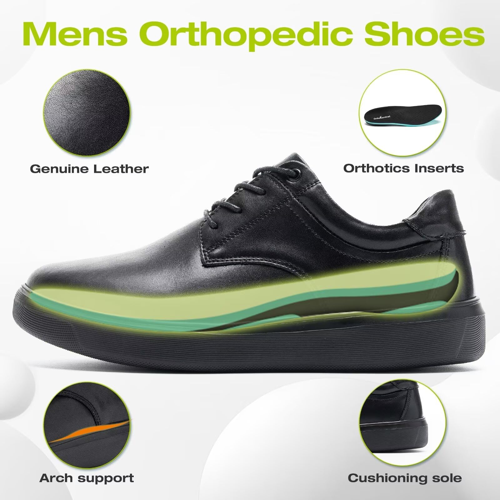 OrthoComfoot Men's Orthopedic Wide Leather Dress Shoes - Comfortable Arch Support Oxfords for Plantar Fasciitis & Heel Pain Relief | Orthotic Casual Business & Work Shoes for Walking | Perfect for Office, Travel & Daily Wear
