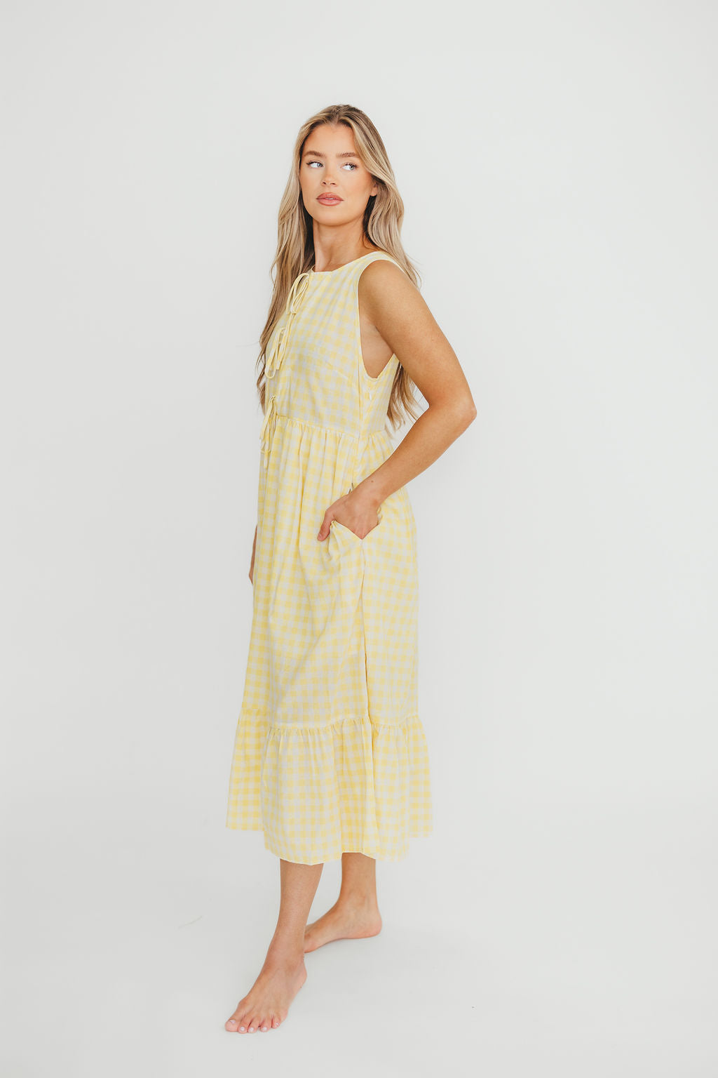 Alana Gingham Ribbon Detail Midi Dress in Butter Yellow | Floral Print Summer Dress for Women | Perfect for Garden Parties, Brunch Dates & Vacation Outfits