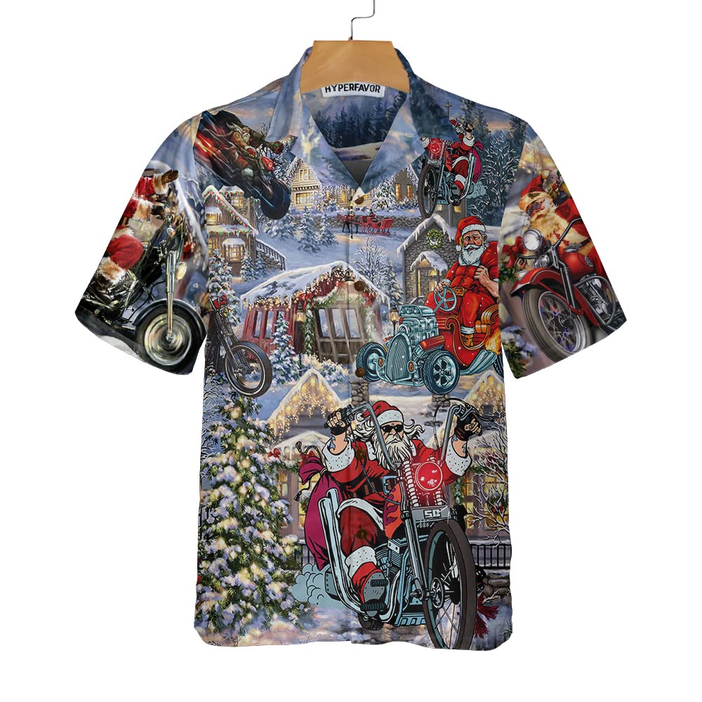 HYPERFAVOR Men's Motorcycle Christmas Shirts - Short Sleeve Holiday Hawaiian Shirts for Bikers - Cool Festive Riding Apparel | Perfect for Christmas Parties, Motorcycle Rides & Holiday Gatherings