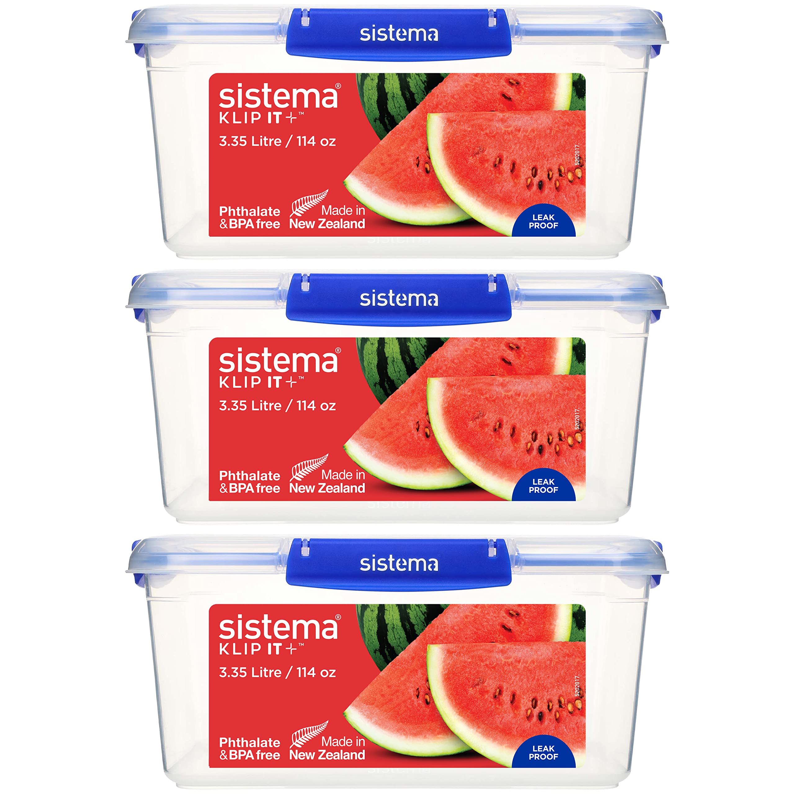 Sistema KLIP IT PLUS 3.35L Food Storage Containers Set of 3 | Leak-Proof, Stackable & Airtight Plastic Containers with Lids | BPA-Free Freezer & Fridge Safe | Blue Clips | Perfect for Meal Prep, Leftovers & Organizing Pantry Items