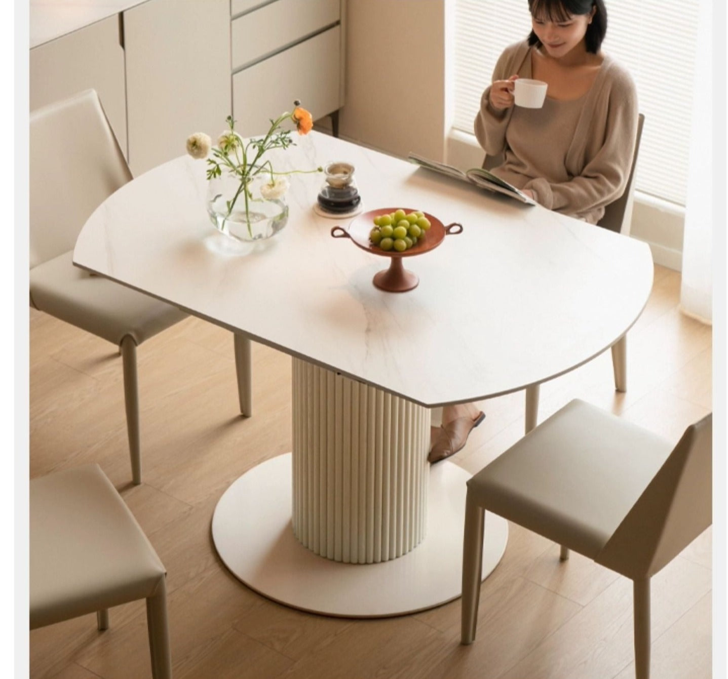Solid Oak Wood Round Extendable Dining Table with Rock Plate Design - Cream Finish for Modern Dining Room & Kitchen Decor