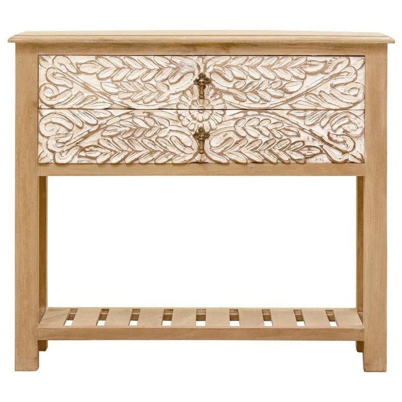 Hand Carved Leaf French Nightstand - Natural & White Wooden Bedside Table for Bedroom Decor | Vintage Style Nightstand with Storage