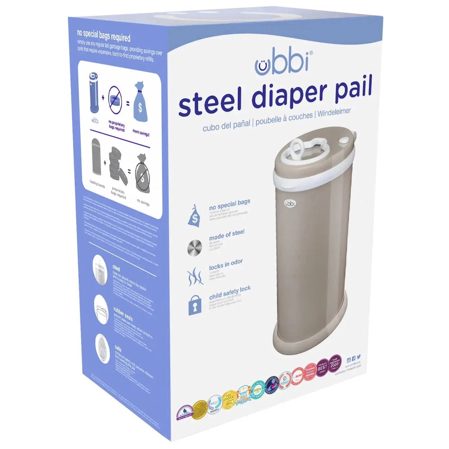 Ubbi Steel Diaper Pail - Odor-Containing Baby Diaper Disposal System, Taupe Color | Perfect for Nursery, Daycare & Home Use