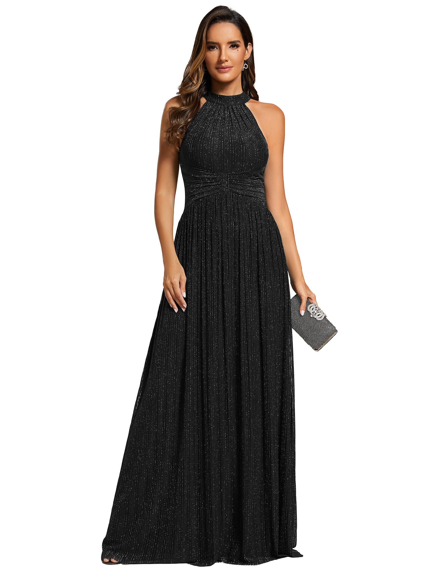 Ever-Pretty Women's Halter Neck Formal Evening Dress - Sleeveless Pleated Floor-Length Glitter Gown for Summer Parties, Prom, Wedding Guest & Special Occasions