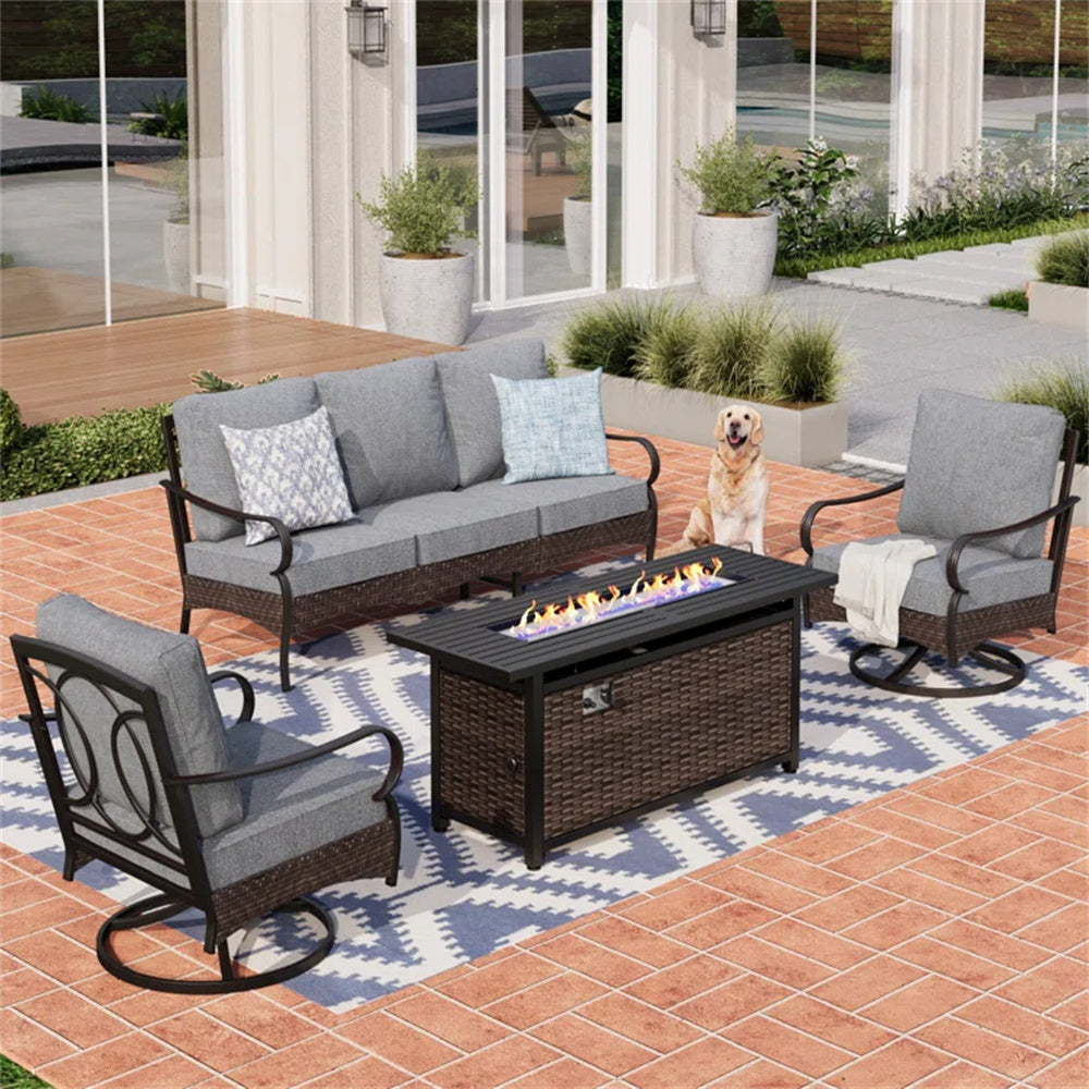 Sophia & William 5-Piece Rattan Steel Outdoor Sofa Set with Fire Pit Table - Luxury Patio Furniture for Backyard, Garden, Poolside & Camping Gatherings