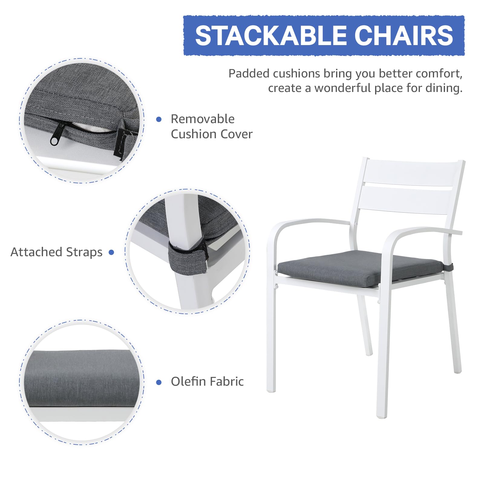 Outdoor Aluminum Stackable Bistro Dining Chairs Set of 4 with Cushions - White Patio Chairs with Gray Cushions for Garden, Balcony, Backyard & Poolside - Perfect for Outdoor Entertaining & Relaxation