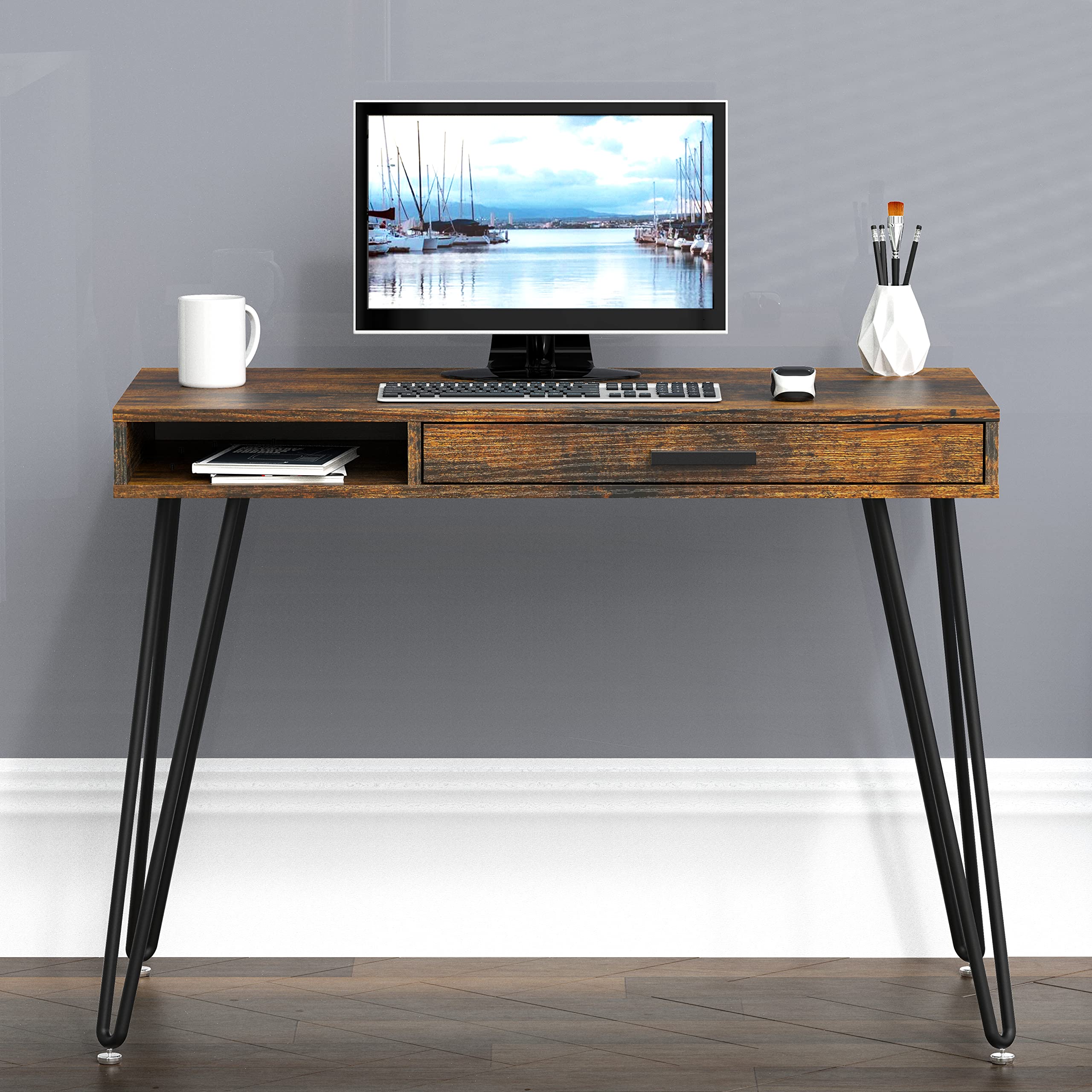 SHW Home Office Computer Desk with Drawer & Hairpin Legs - Rustic Brown Wood Writing Table for Small Spaces, Work from Home, Study & Office Use