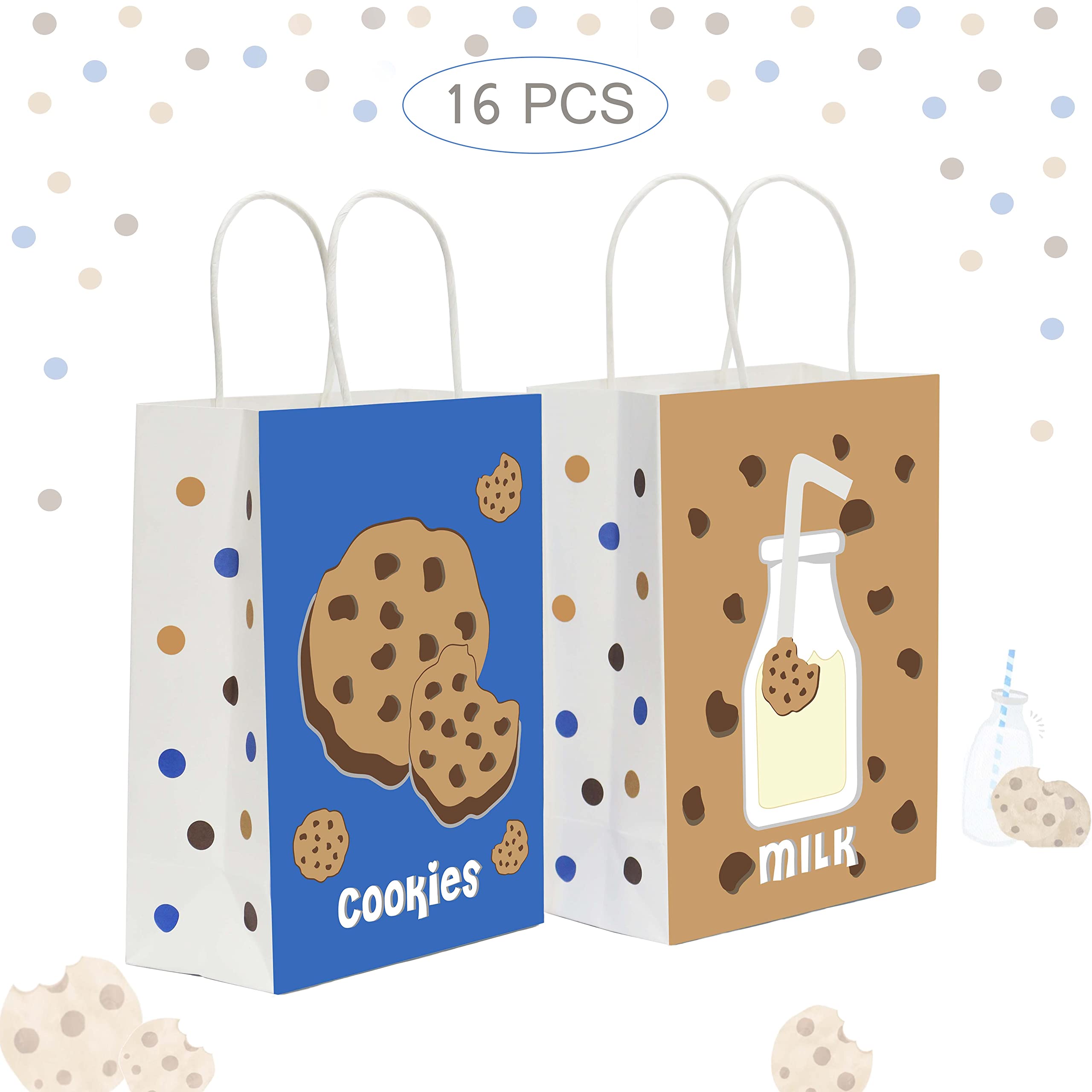 Lsaepon Milk & Cookies Birthday Party Favor Bags - 16 Pack Cookie and Milk Theme Gift Bags for Kids, Baby Showers, Birthday Parties - Perfect for Party Favors, Goodie Bags, and Sweet Treats