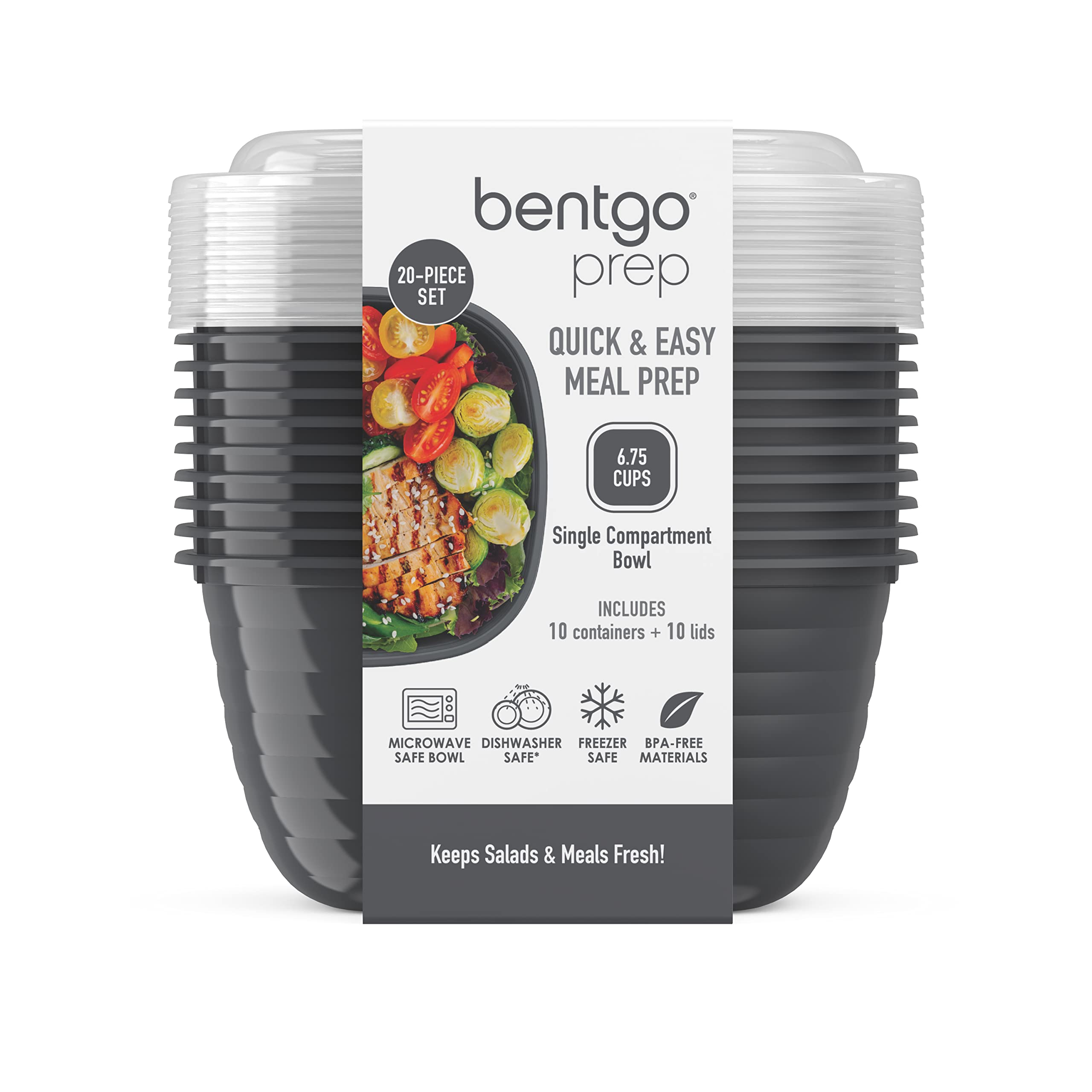 Bentgo Prep - 10-Pack 1-Compartment Meal Prep Bowls with Custom Fit Lids - Reusable, Microwave & Dishwasher Safe, BPA-Free Food Storage Containers for Freezer & Fridge - Perfect for Meal Prepping, Leftovers & Office Lunches (Graphite)