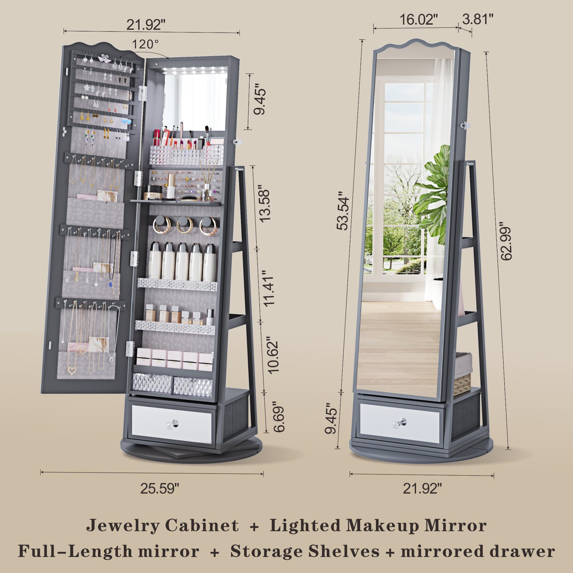 360° Swivel Full-Length LED Jewelry Armoire Mirror with Lockable Storage - Large Capacity Vanity Organizer with Shelves & Drawer for Bedroom, Closet, or Dressing Room (Grey)
