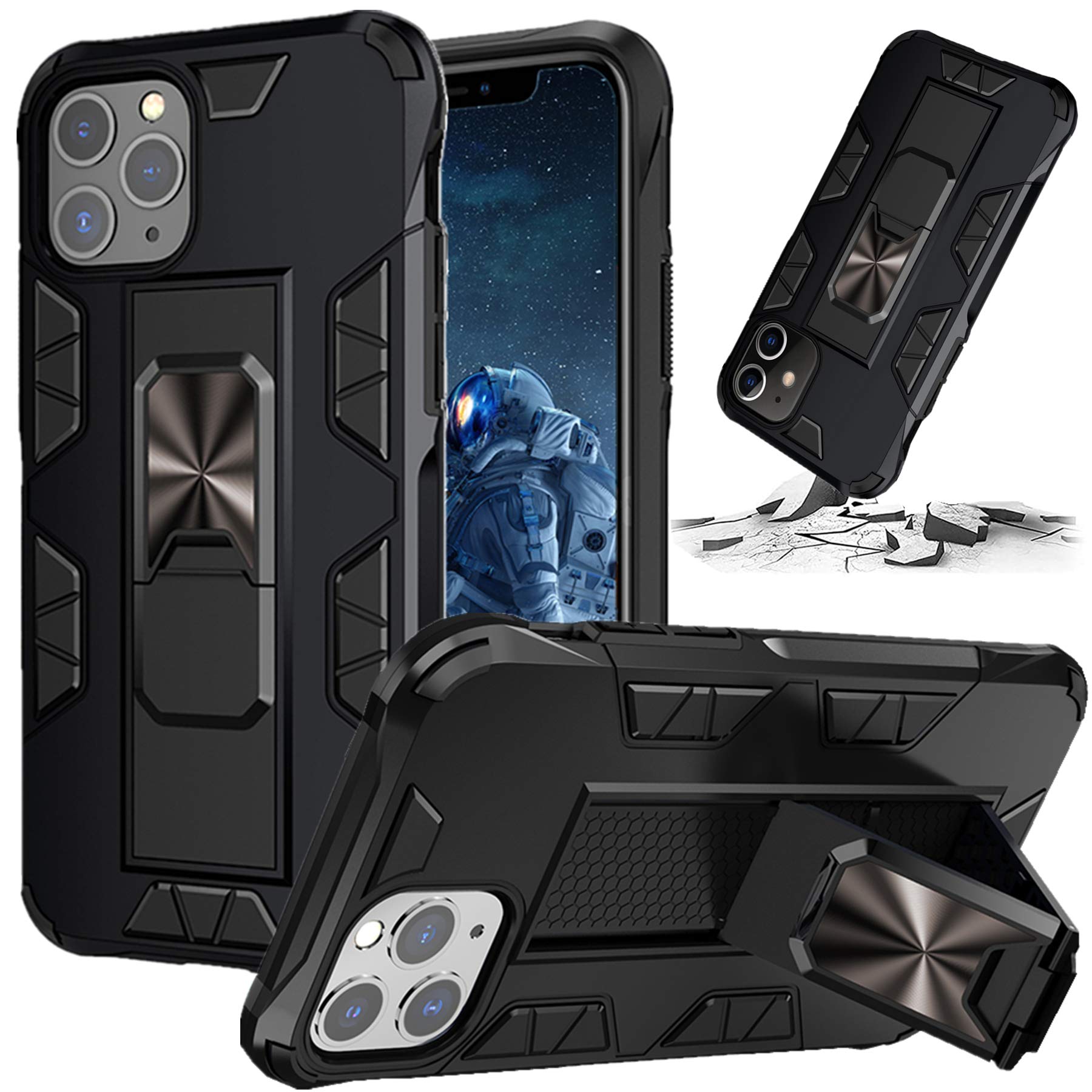 Shockproof Heavy Duty Armor Phone Case for iPhone 12 Pro Max (6.7 Inch) - Black Kickstand Ring Cover with Military-Grade Protection | Perfect for Outdoor Activities, Work & Travel