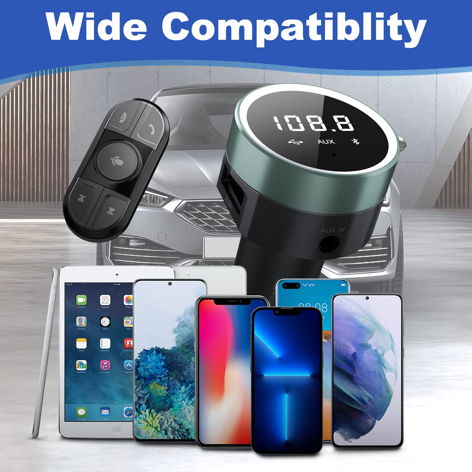 MEIDI Bluetooth Car Adapter - Wireless FM Transmitter with Remote Control & Dual USB Fast Charger - Hands-Free Car Kit for iPhone Android - MP3 Player & Noise Cancelling for Road Trips Commuting Music Streaming