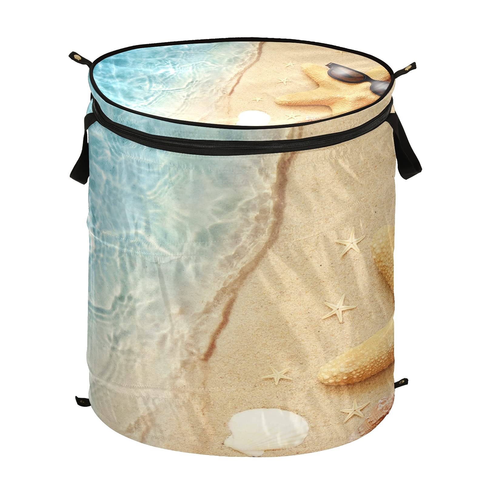 STAYTOP Popup Laundry Basket with Full Zip Lid - Foldable, Dustproof Hamper for Clothes & Toy Storage | Perfect for Bedroom, Laundry Room & School Organization | Starfish and Shells Beach Design