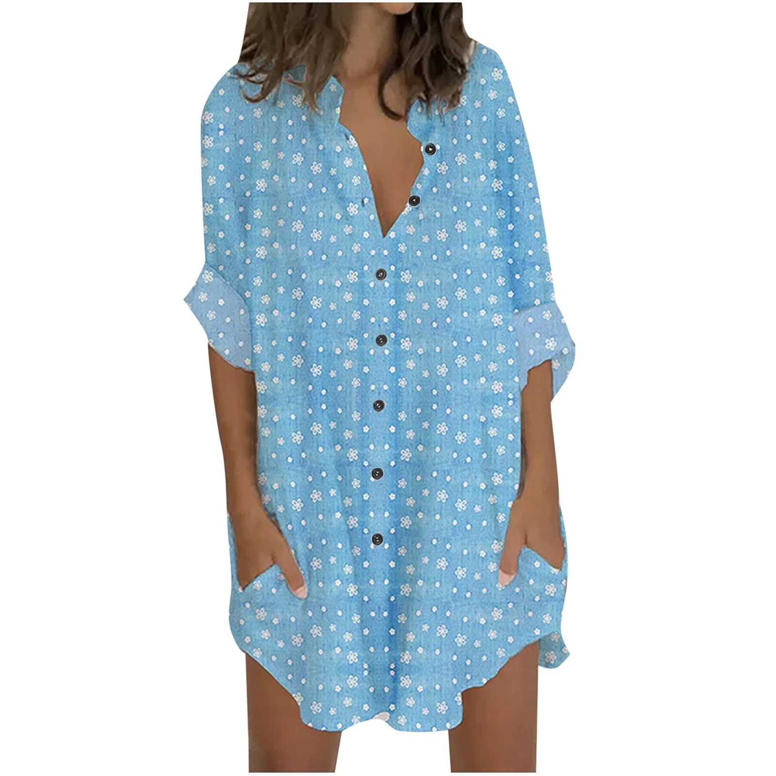 LADIGASU Women's Summer Short Mini Dress - 3/4 Sleeve Casual Loose Shirt Dress in Solid & Floral Print | Perfect for Beach Vacation, Date Night & Summer Outings
