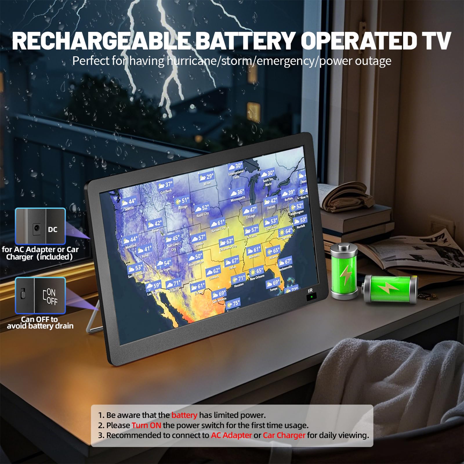 14 Inch Portable TV - 1080P HD Battery Powered Small Television with Antenna, HDMI & USB Inputs | Perfect for Car Travel, Camping Trips & RV Adventures