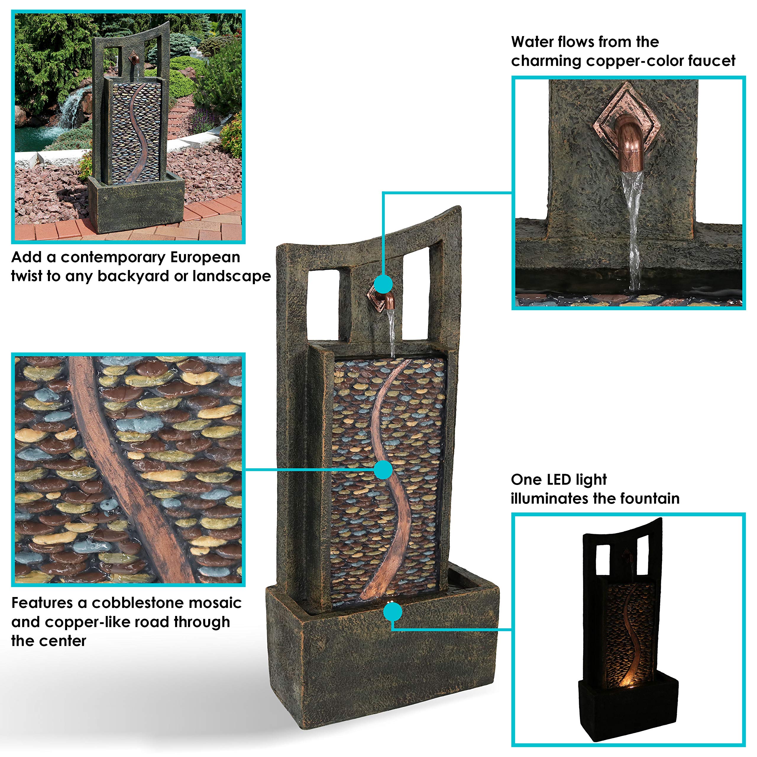 Sunnydaze 39-Inch Modern Outdoor Water Fountain with LED Lights - Brown Patio Garden Waterfall Feature for Relaxing Backyard & Landscape Decor