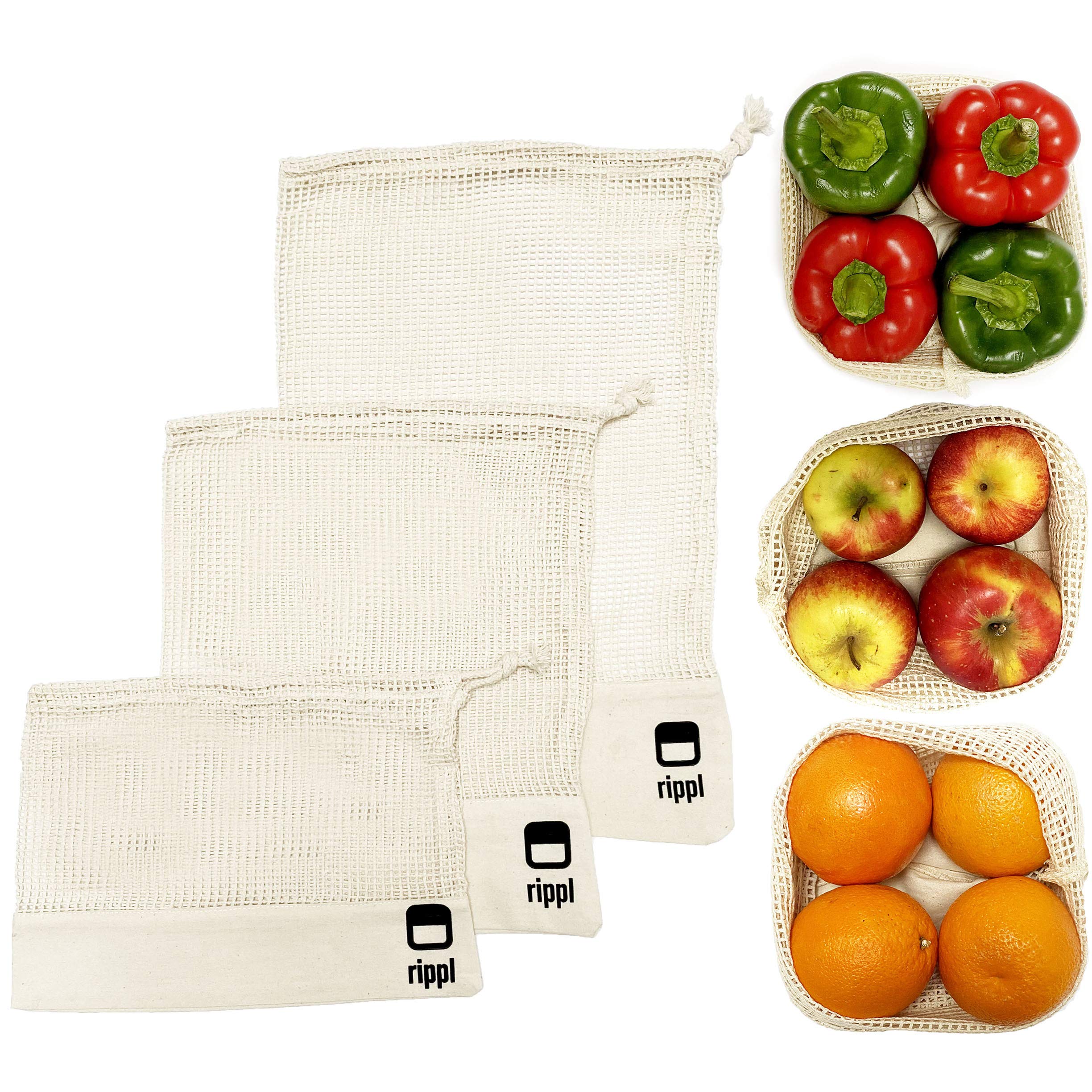 Rippl Reusable Mesh Produce Bags - Eco-Friendly Washable Grocery Bags for Fruits & Vegetables - Perfect for Farmers Market, Shopping & Zero Waste Lifestyle