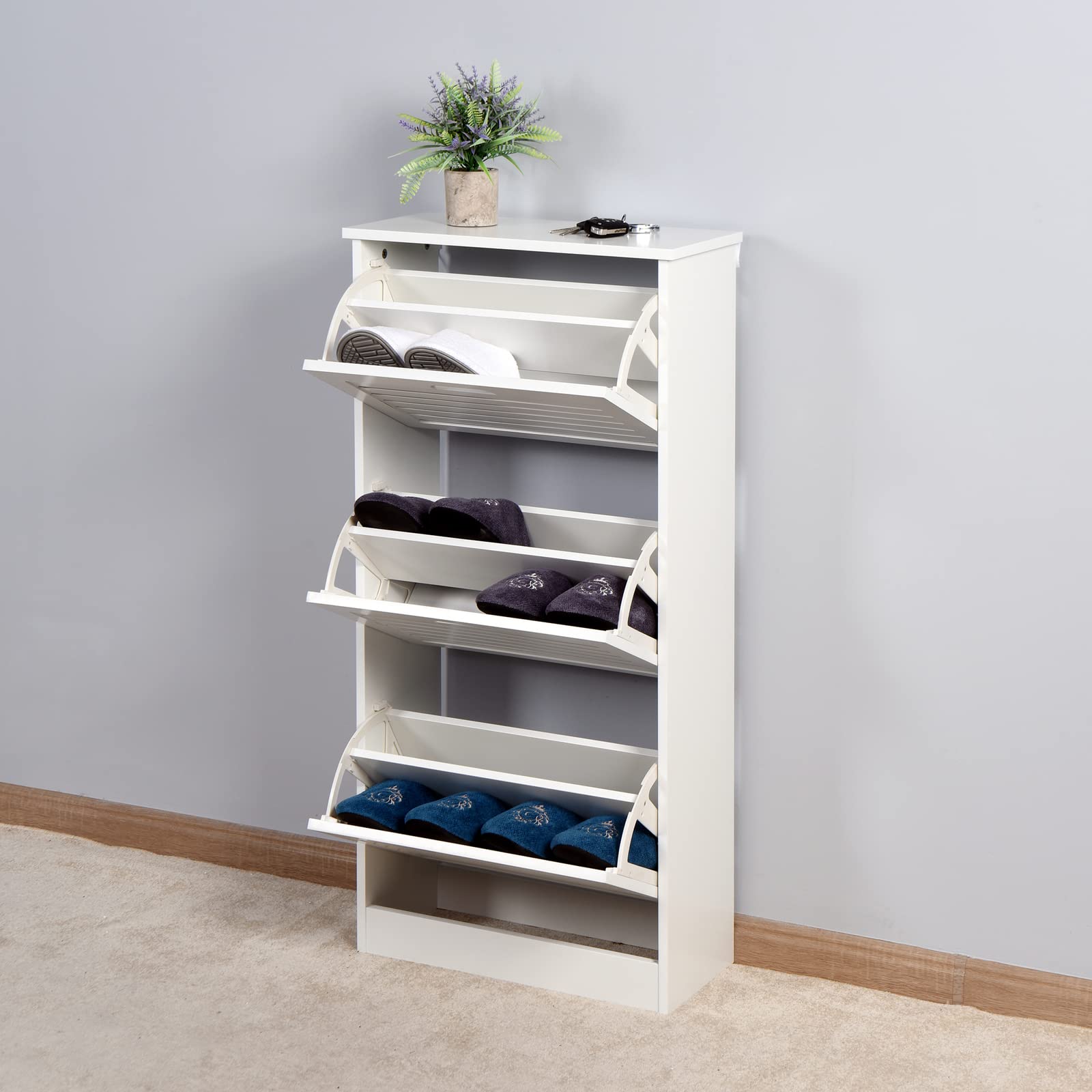 Slim Flip Down Shoe Cabinet for Entryway - 3 Tier White Wood Shoe Storage Organizer with Shutter Doors & Hidden Handle - Freestanding Narrow Shoe Rack for Hallway, Living Room, Bedroom or Closet Organization