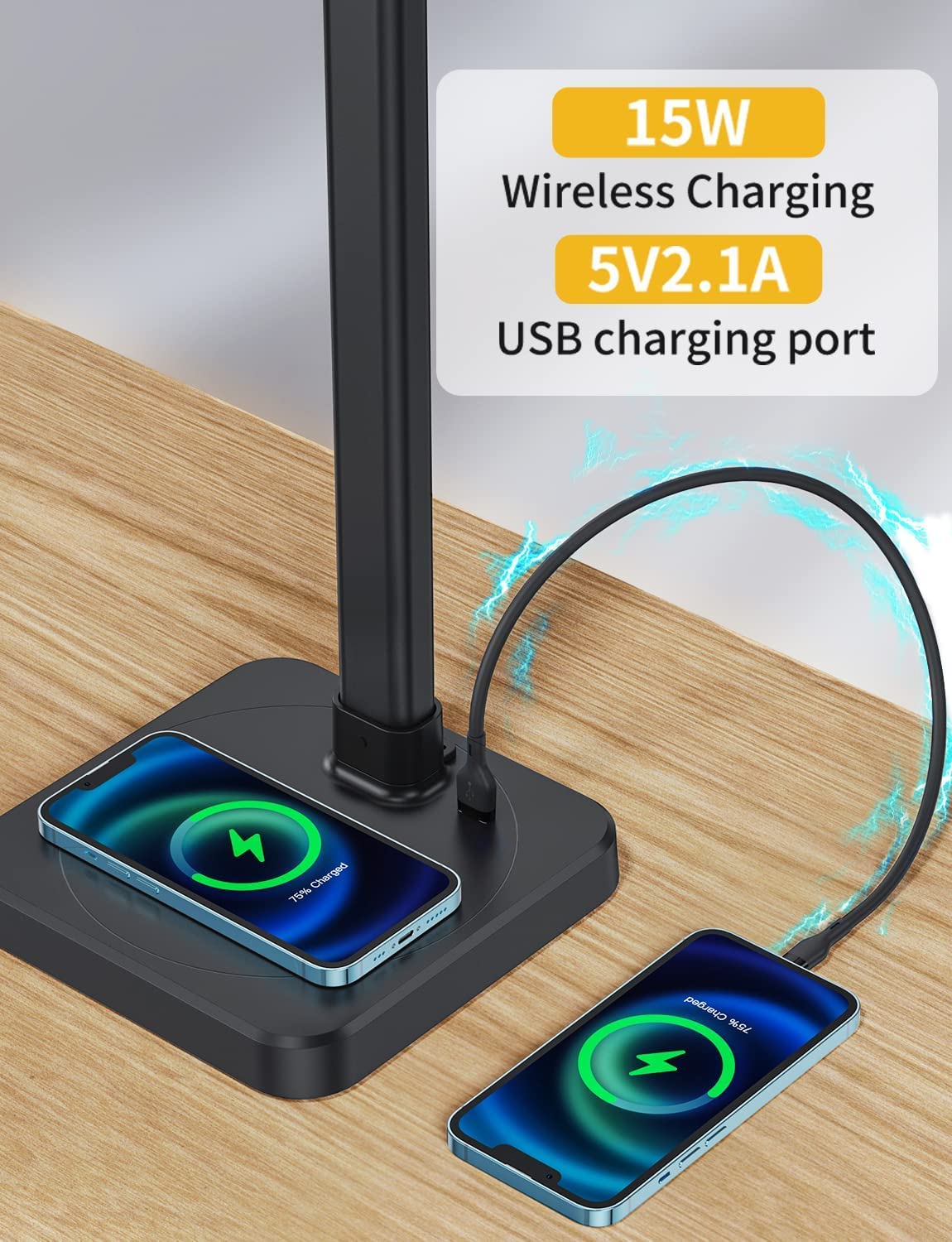 AKRRYR 24W LED Desk Lamp with USB Charging & Wireless Charger - Adjustable Dual Head Architect Light, 5 Color Modes & 5 Brightness Levels, Flexible Gooseneck for Home Office, Computer Study, Reading & Nightstand Use (Black)