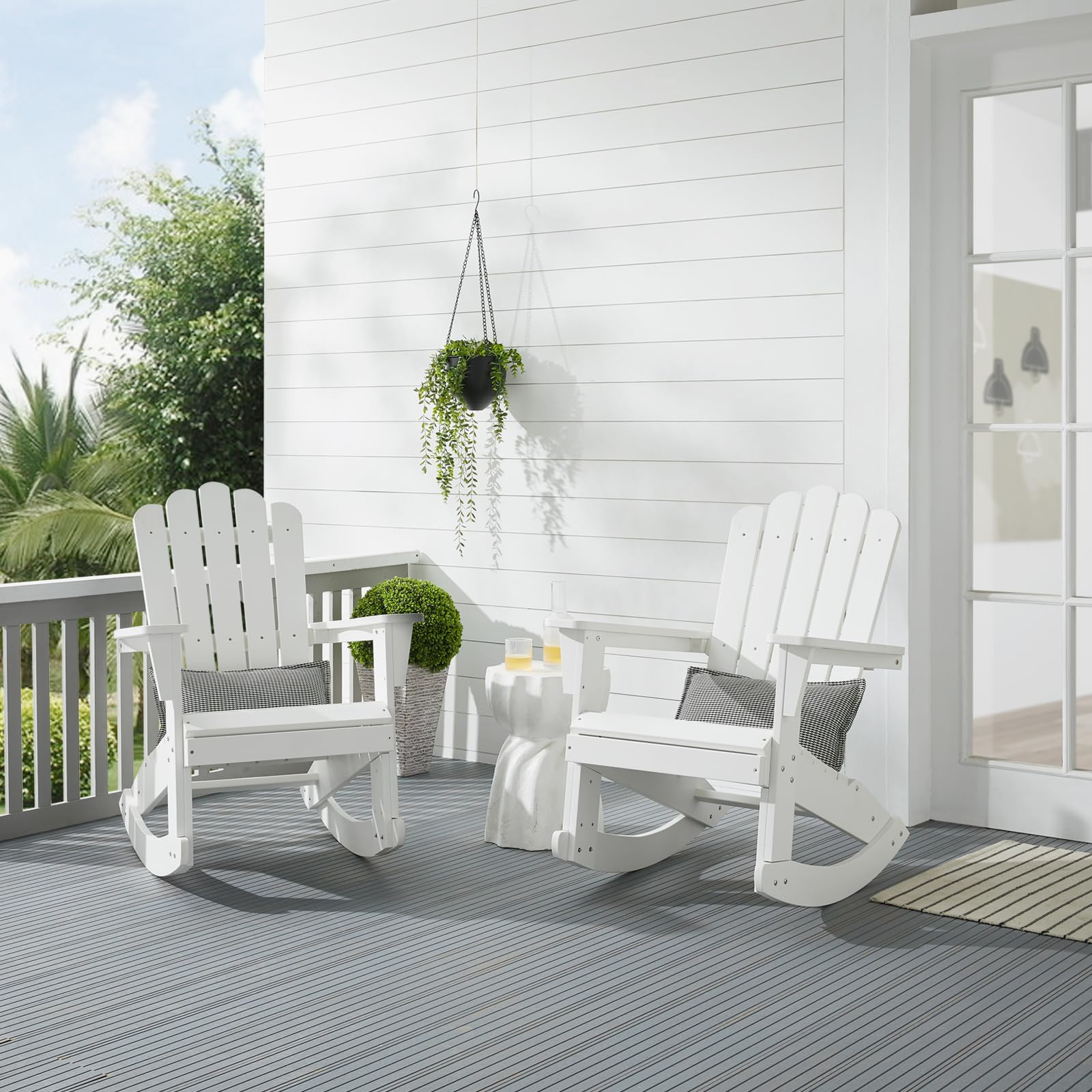 Psilvam Outdoor Adirondack Patio Rocking Chairs Set of 2 - Durable Poly Lumber Porch Rockers with High Back Support - Perfect for Porch, Garden, Deck & Backyard Relaxation (White)