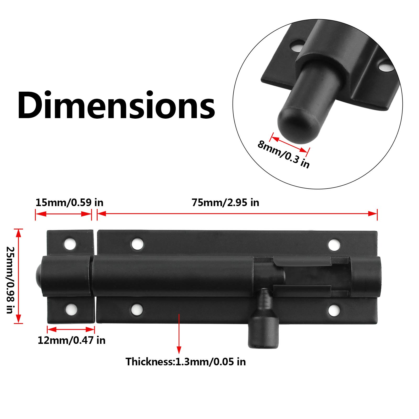 BokWin 2-Pack 3 Inch Heavy Duty Aluminum Door Latch Lock - 1.3mm Thick Sliding Barrel Bolt with Matte Black Finish & 12 Screws - Secure Home, Shed, Cabinet & Gate - Ideal for Indoor & Outdoor Security Use