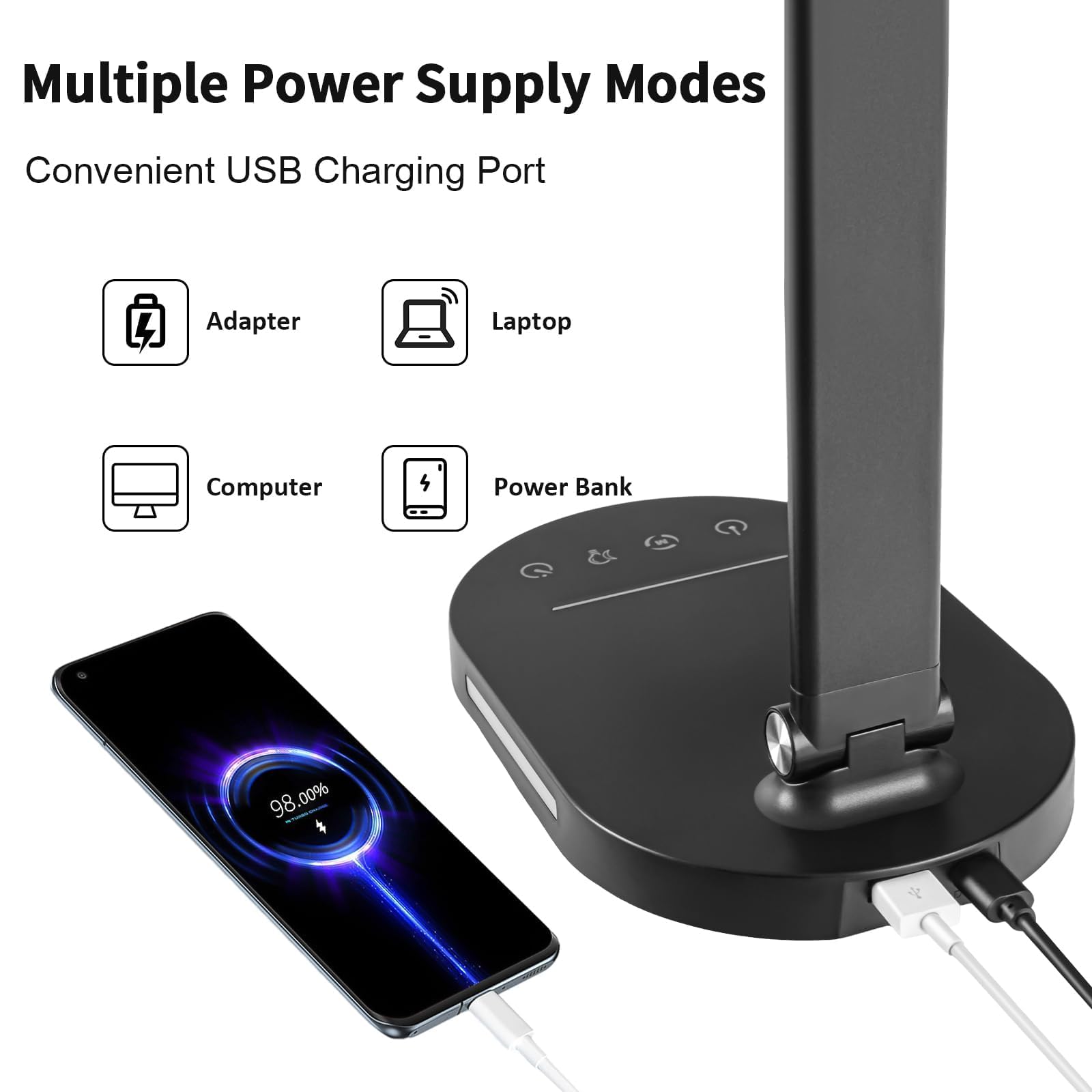 Adjustable LED Desk Lamp with 5-Level Dimmable Brightness (3000-6500K) - Foldable Touch Control Office Reading Lamp for Study, Bedroom & Workspace - Black