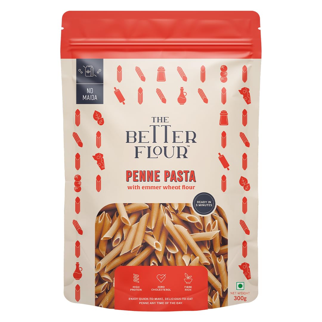 Organic Emmer Wheat Penne Pasta - 300g High Protein (15g) & Fiber (10g) Multigrain Pasta | Vegan, Gluten-Free, No Maida | Healthy Italian Pasta for Weight Loss, Keto & Plant-Based Diets | Perfect for Salads, Soups & Family Dinners
