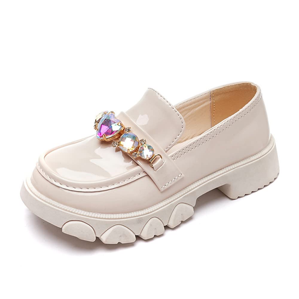 Girls Patent Leather Slip-On Loafers with Rhinestones - Black & White Dress Shoes for School Uniforms | Comfortable Flats for Class, Parties & Special Occasions