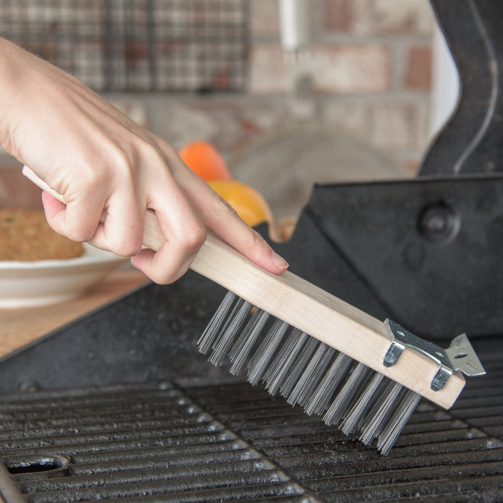 Heavy Duty Grill Scraper with Wood Handle & Steel Bristles - 13.75