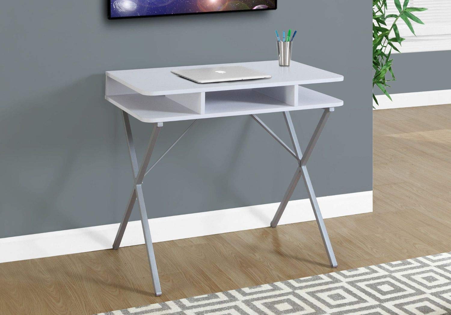 Offex 31 Inch Computer Desk with White Top & Silver Metal Frame - Home Office Desk for Small Spaces, Gaming, Study & Workstation Setup