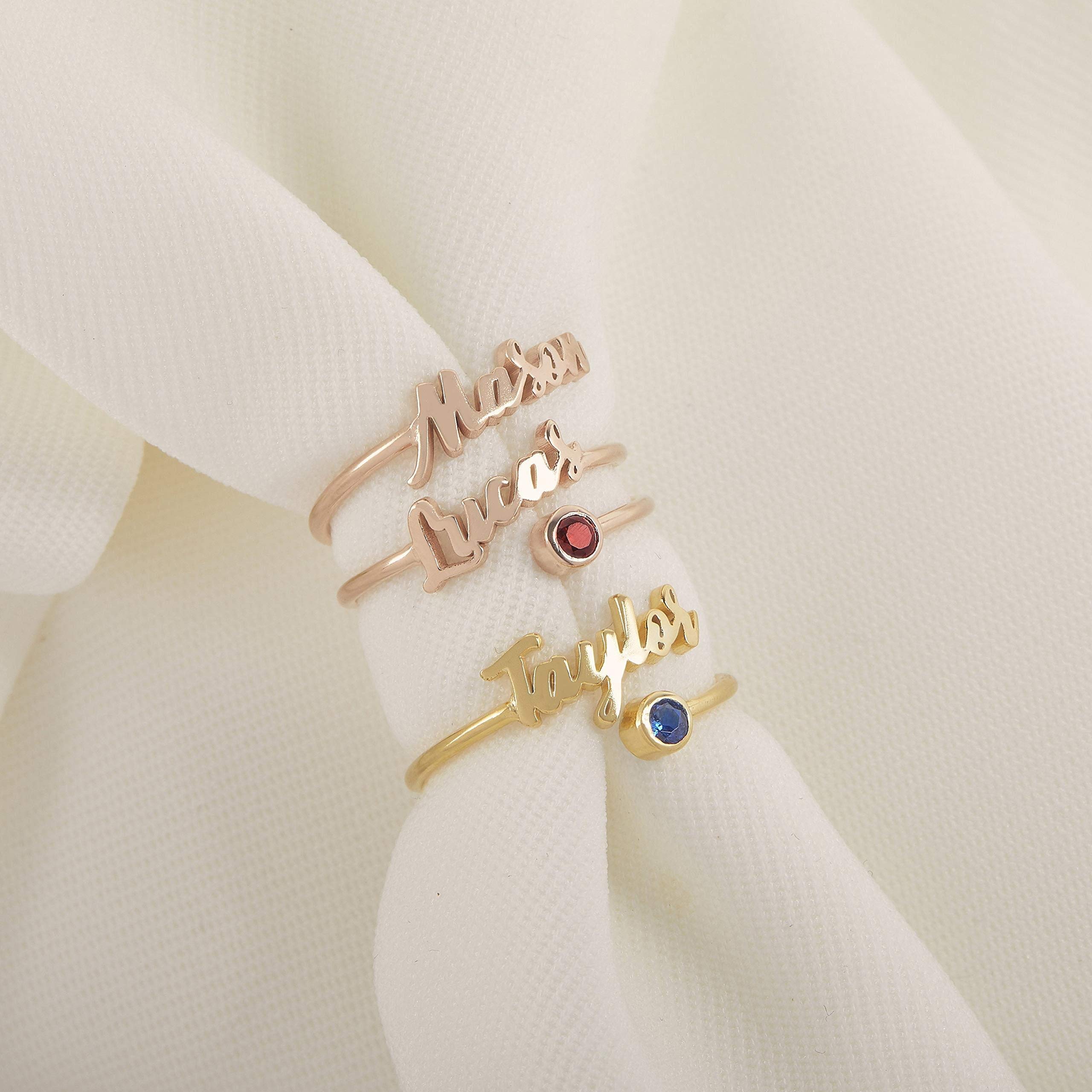 Custom Sterling Silver Name Rings with Simulated Birthstone - Personalized Engraved Adjustable Engagement Rings for Women - Perfect for Anniversaries, Valentine's Day & Special Occasions