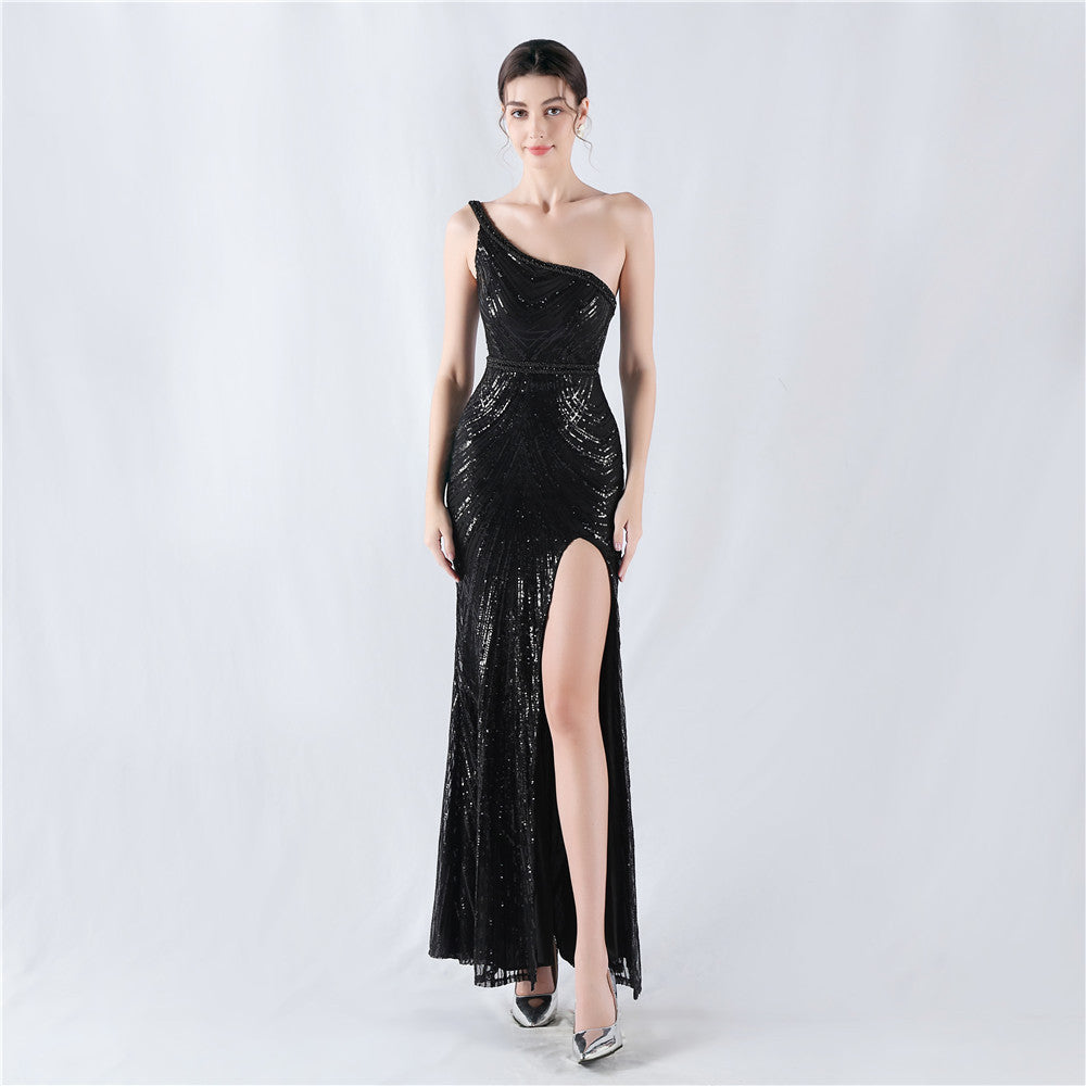Elegant Beaded Evening Dress with High Slit & Off-Shoulder Design - Perfect for Prom, Gala & Formal Events | 32076 Fashion Trade Dress