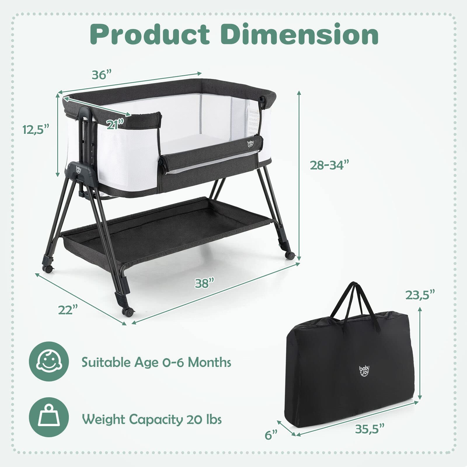 BABY JOY Portable Bassinet Bedside Sleeper - Foldable Crib with Breathable Mesh Sides, Storage Shelf & 7 Height Adjustments | Includes Mattress & Travel Bag for Safe Co-Sleeping | Perfect for Newborns & Infants (Black) | Ideal for Nursery, Bedroom & Travel Use