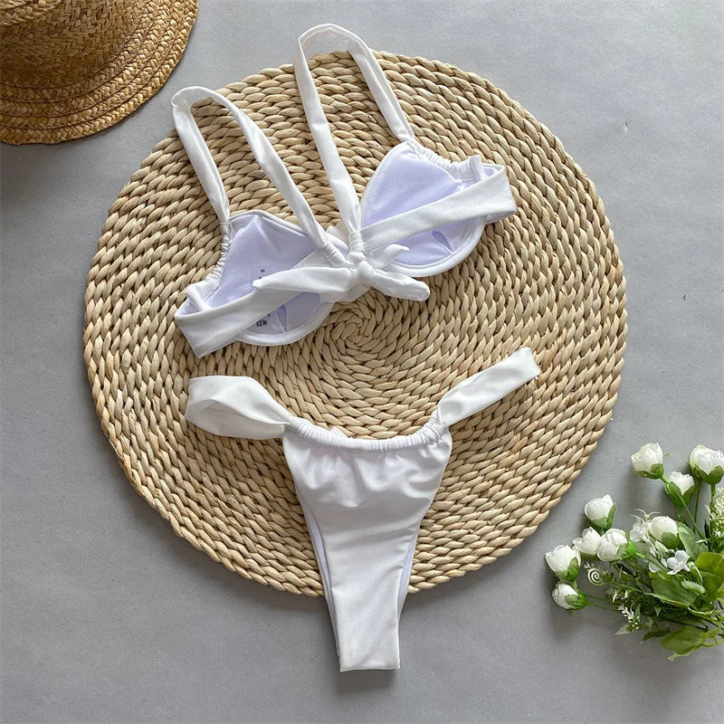 3D Flower Sexy Bandeau Bikini Set - Brazilian Bandage Swimwear for Women, Backless Two Piece Bathing Suit | Beach Vacation, Pool Party, Summer Getaway