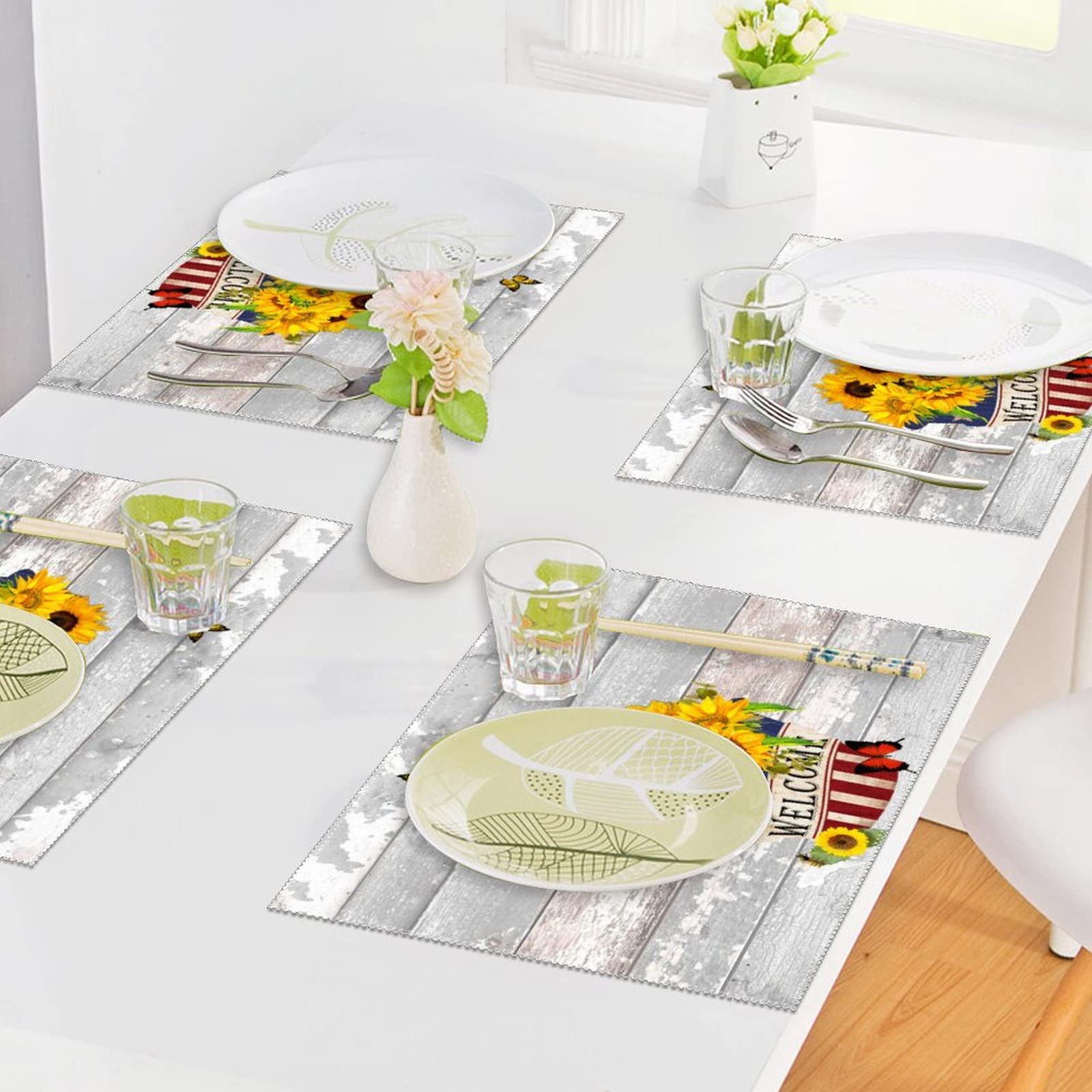 American Sunflowers Patriotic Welcome Place Mats Set of 4 - USA Flag Themed Heat Resistant Table Mats for Memorial Day Decorations, Dining Table Centerpiece with Flowers & Butterflies Design - Perfect for 4th of July BBQs, Family Gatherings & Patriotic Home Decor