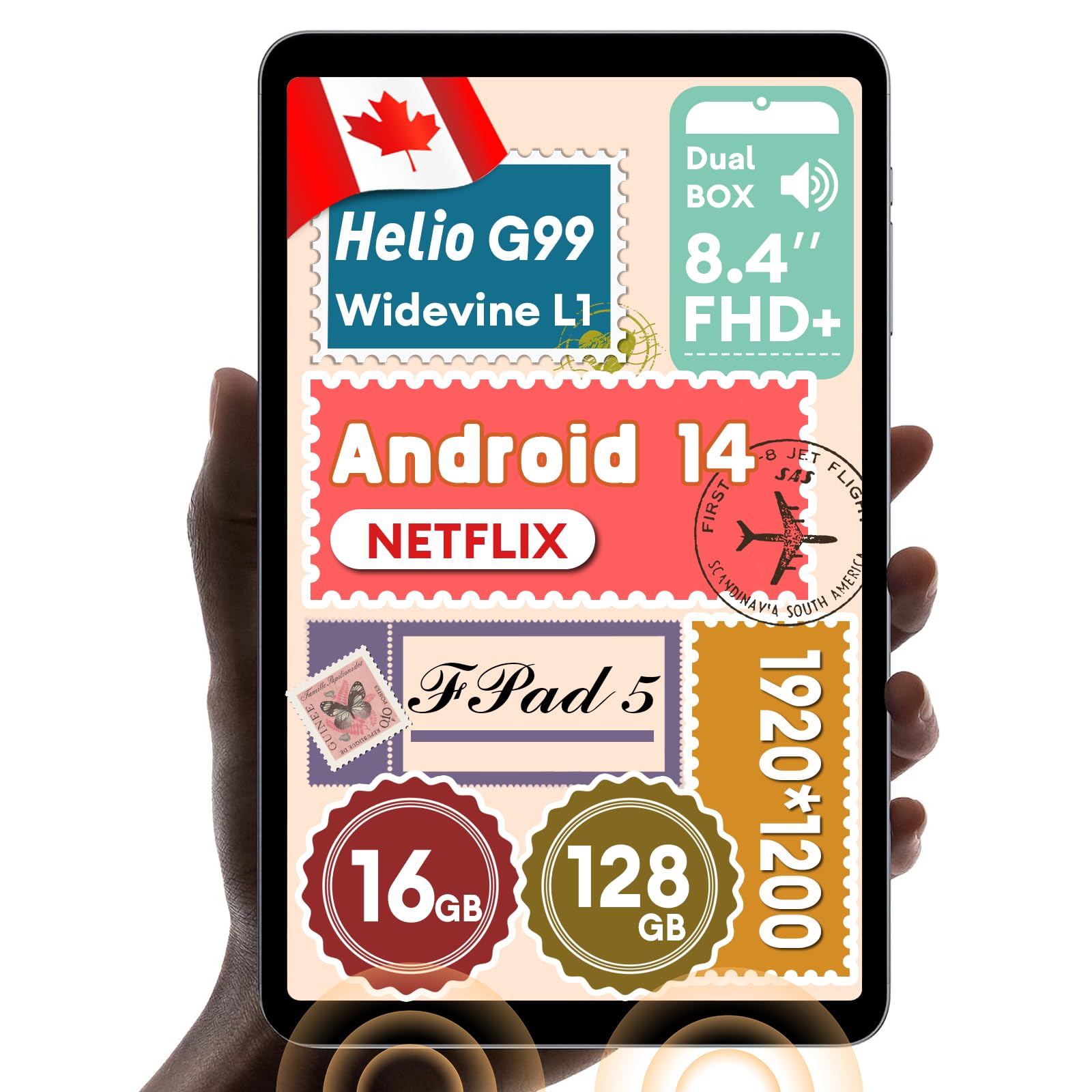 Headwolf FPad5 Android 14 Tablet 8.4 Inch - Octa Core G99 Processor, 16GB RAM 128GB ROM, 1920x1200 FHD Display, Widevine L1 for Netflix, 5500mAh Battery, 13MP+8MP Camera - Perfect for Kids Learning, Home Entertainment & Travel Use