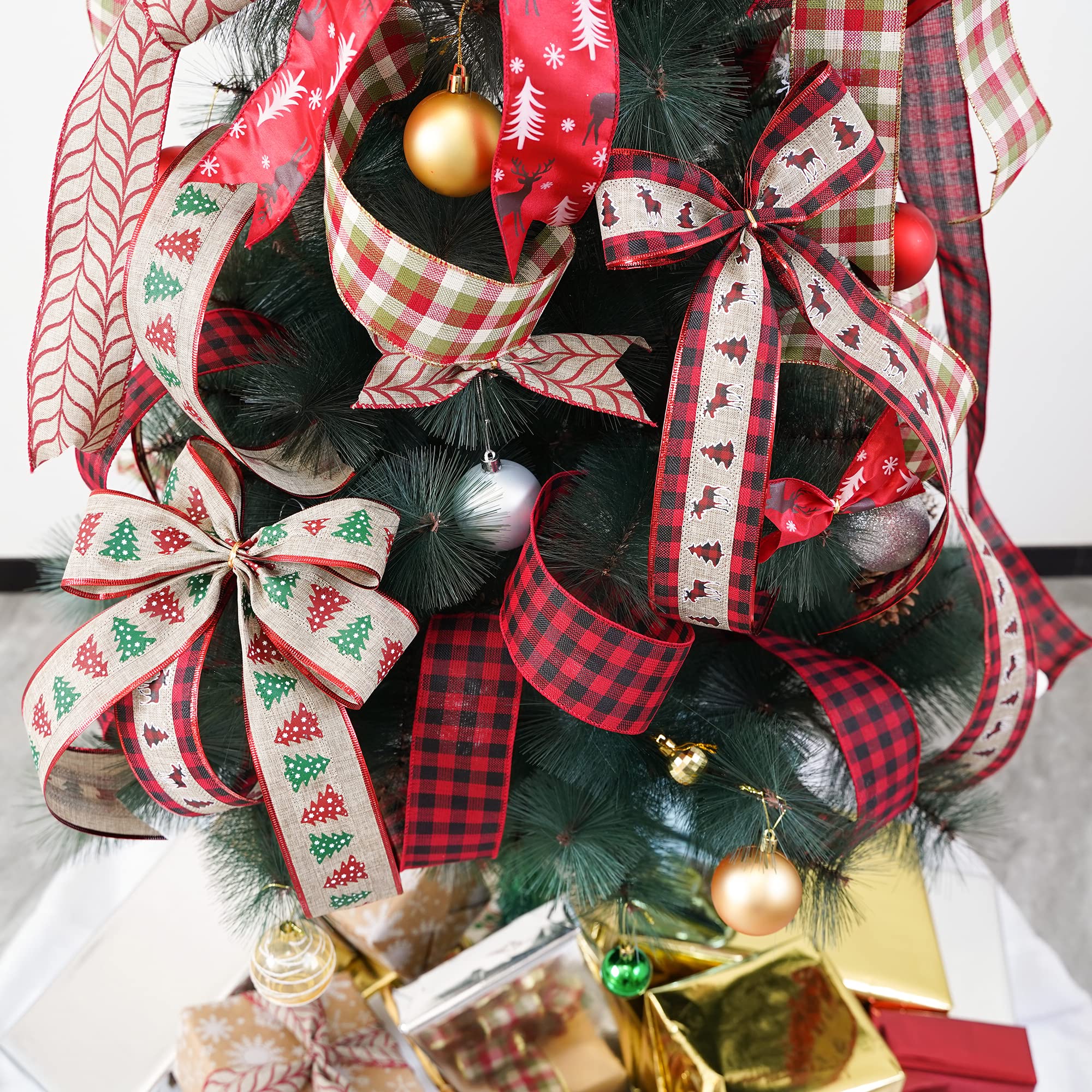 MEEDEE 2.5 Inch Burlap Wired Ribbon - 6 Rolls (36 Yards) Buffalo Plaid Christmas Ribbon for Wreaths, Tree Decorations, Garland | Perfect for Holiday Crafts, Gift Wrapping & DIY Home Décor