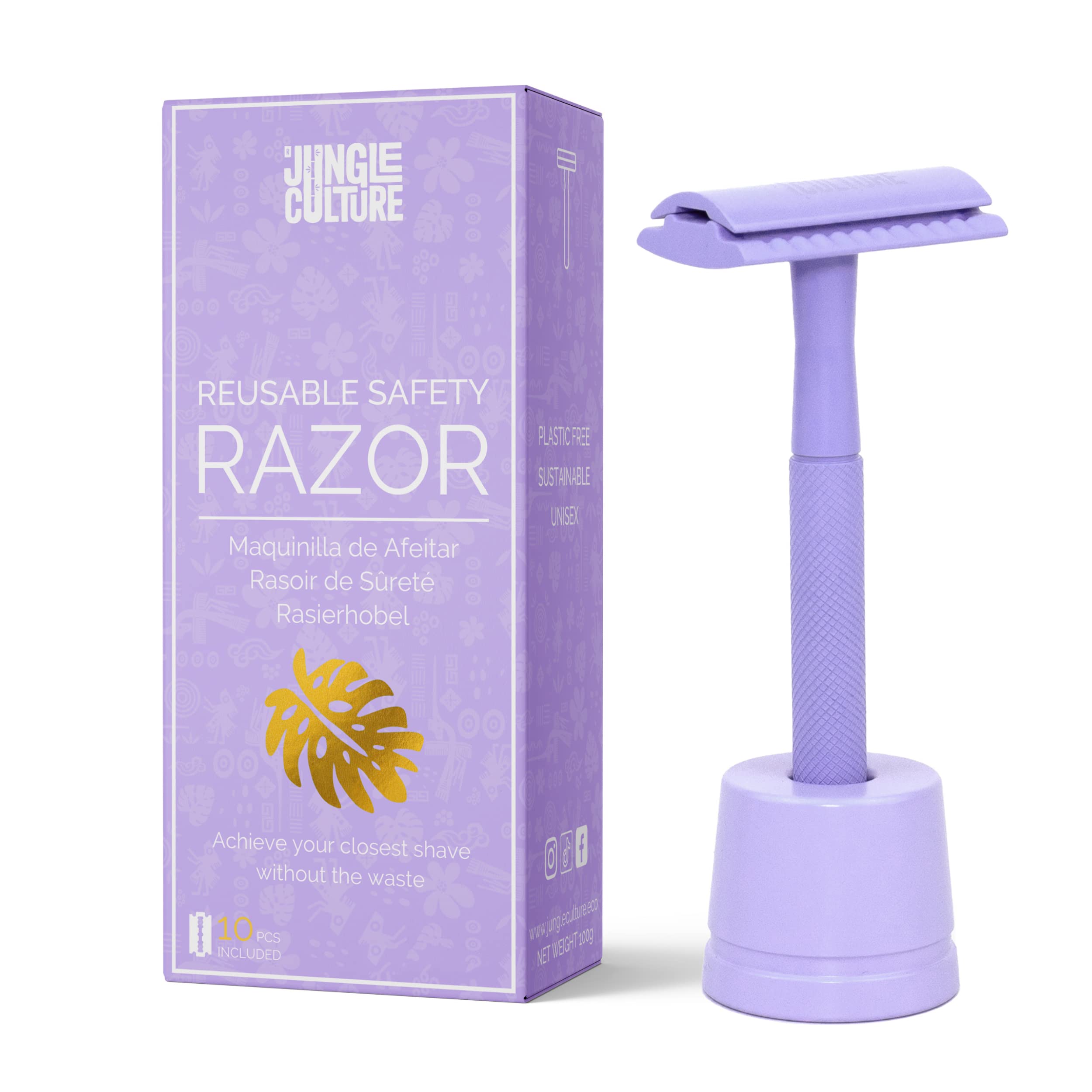 Jungle Culture Safety Razor & Stand with 10 Double Edge Blades - Premium Metal Razor for Women & Men - Eco-Friendly Reusable Shaver for Face & Body Shaving - Perfect for Home & Travel Use (Lilac)