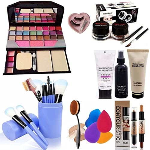 BELLAS Tya 6155 Professional Makeup Kit with 12 Blue Brushes & 2-in-1 Gel Eyeliner | Includes Contour, Foundation, Fixer, Primer & Black Oval Brush | Complete Makeup Set for Daily Use, Bridal & Party Makeup (27-Piece Kit)