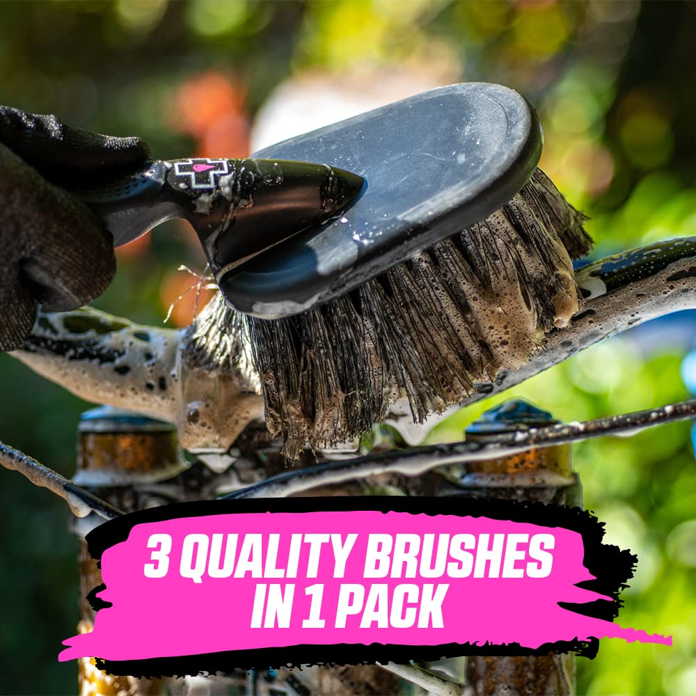 Muc-Off 220 3-Piece Premium Bike Cleaning Brush Kit - Durable Nylon Bristles & Ergonomic Rubber Handles for Gentle Cleaning | Perfect for Road Bikes, Mountain Bikes & Motorcycles