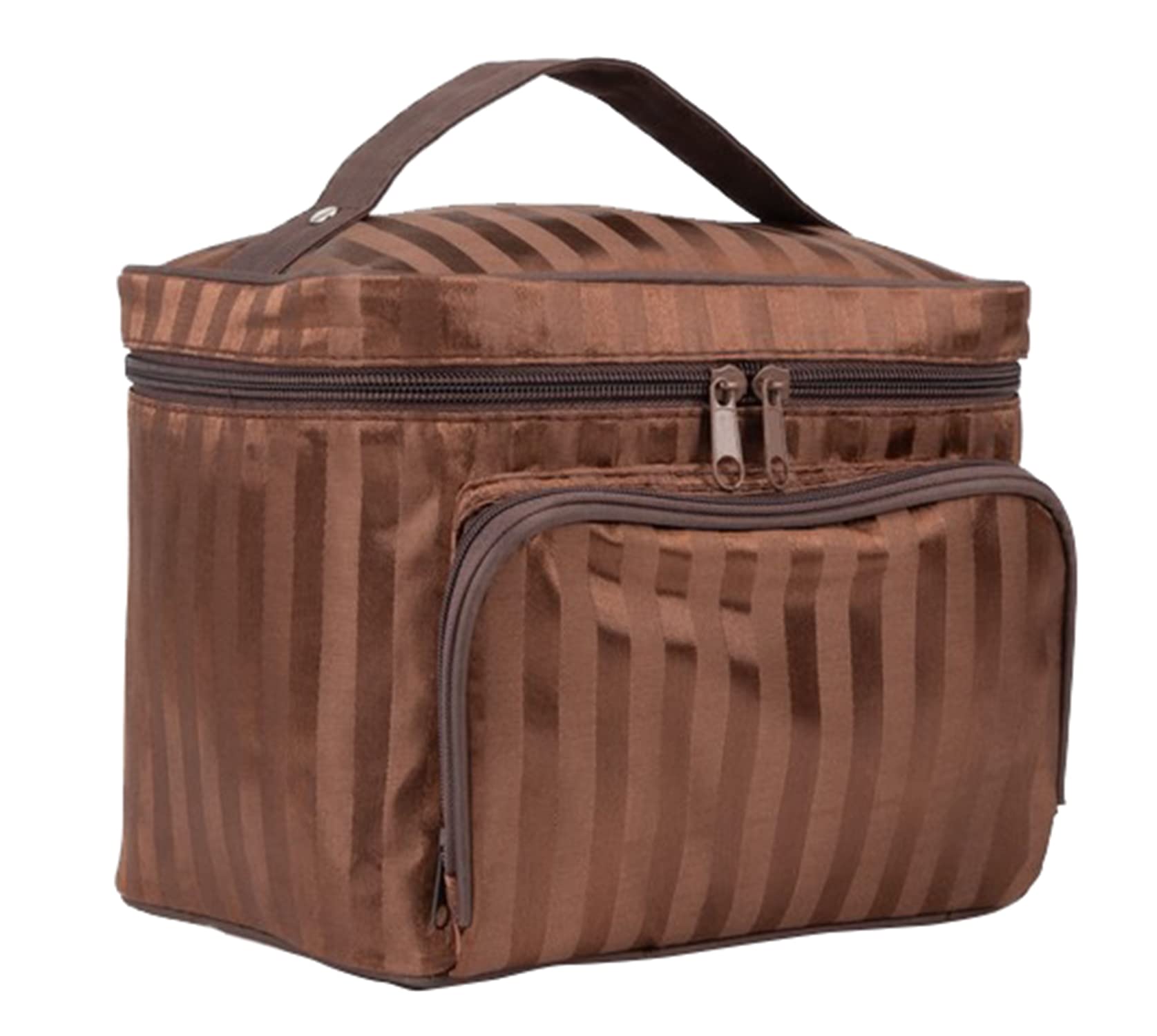 House of Quirk Large Travel Makeup Bag with Brush Holder - Multifunctional Cosmetic Organizer for Women & Girls (Coffee Stripes) - Perfect for Travel, Gym & Daily Makeup Storage