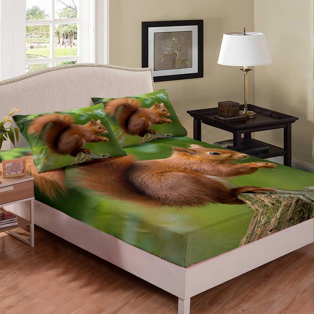 3D Squirrel Pattern Kids Duvet Cover Set - Wild Animal Themed Deep Pocket Fitted Sheet & 2 Pillowcases - Queen Size Bedding for Boys & Girls - Perfect for Nursery, Kids Room or Wildlife Themed Bedrooms