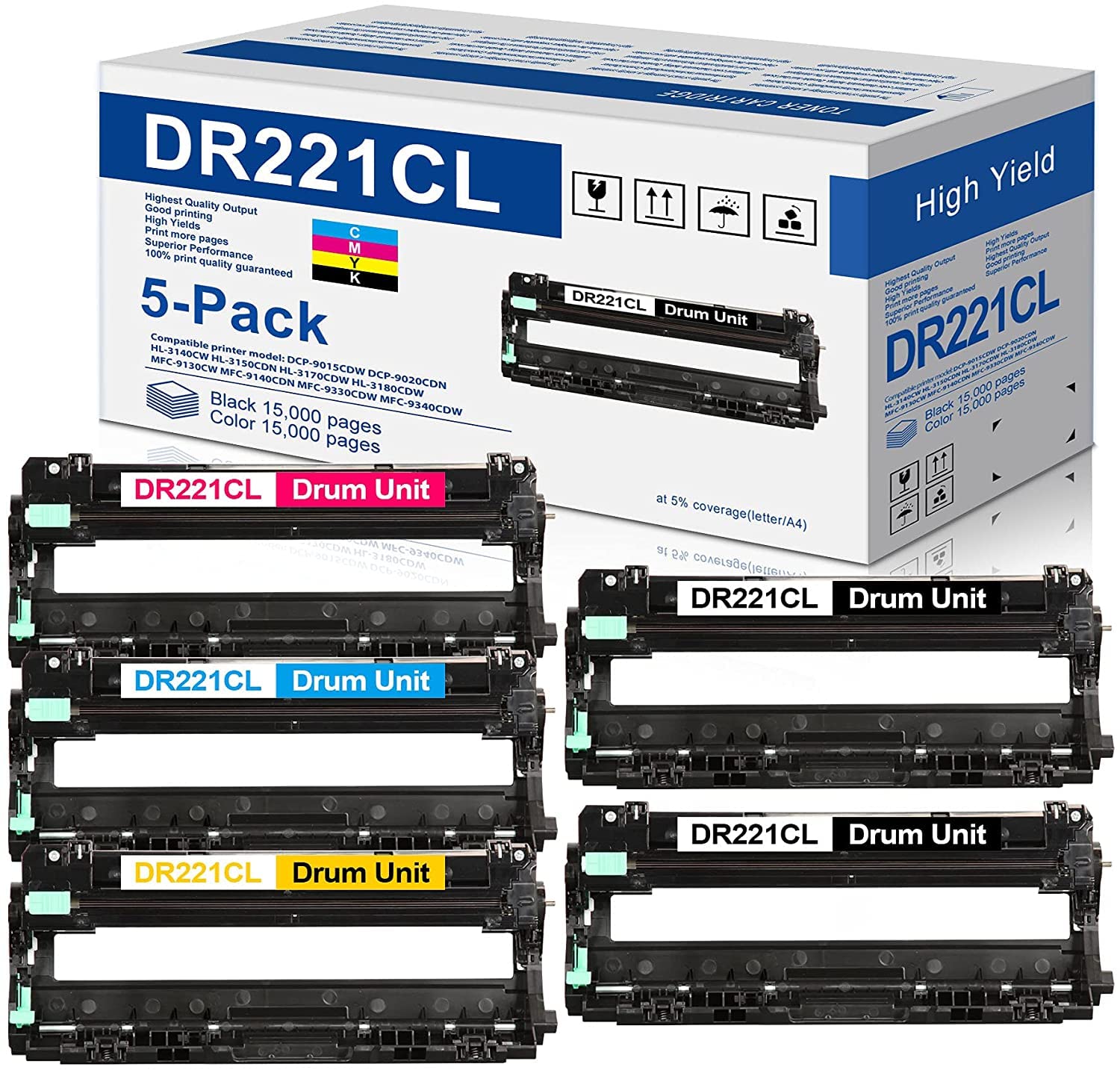 ALUMUINK Remanufactured DR221CL Drum Unit Set (5 Pack) - Compatible with Brother DR221CL, DR-221CL, HL-3140CW, HL-3170CDW, MFC-9130CW Printers - Includes 2 Black, 1 Cyan, 1 Magenta, 1 Yellow Toner Cartridges - Perfect for Office Printing & High-Volume Document Production