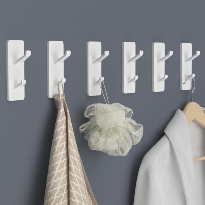Self Adhesive Wall Hooks - 6 Pack Heavy Duty Sticky Hooks (13 LB Capacity) for Bathroom, Kitchen, Shower - White Metal Coat Hooks & Towel Hangers - Perfect for Organizing Home, Office, Dorm Room