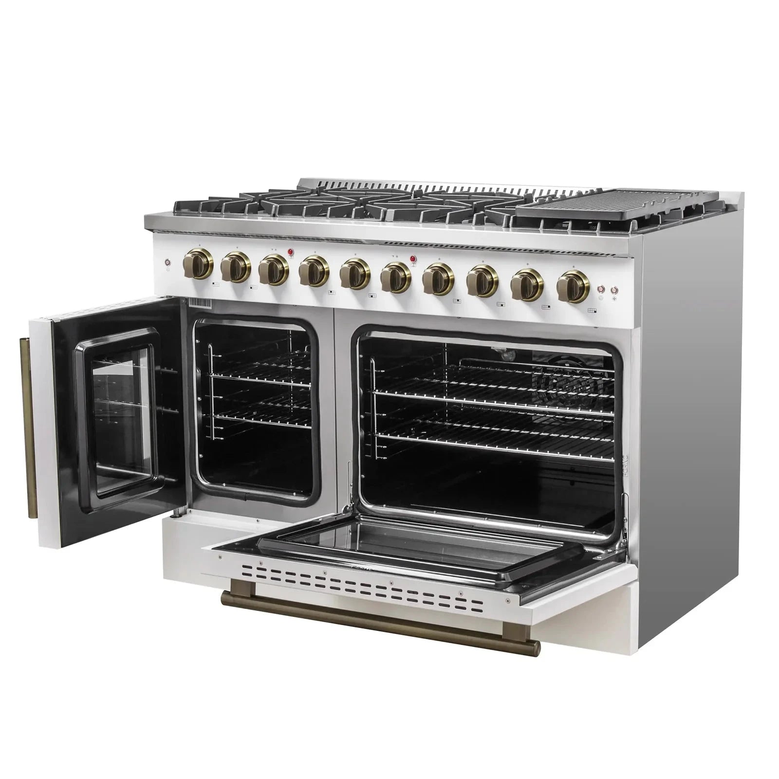 Forno Galiano 48-Inch Freestanding All Gas Range with French Doors - White with Antique Brass Trim (Model FFSGS6444 48WHT) - Perfect for Modern Kitchens & Professional Chefs