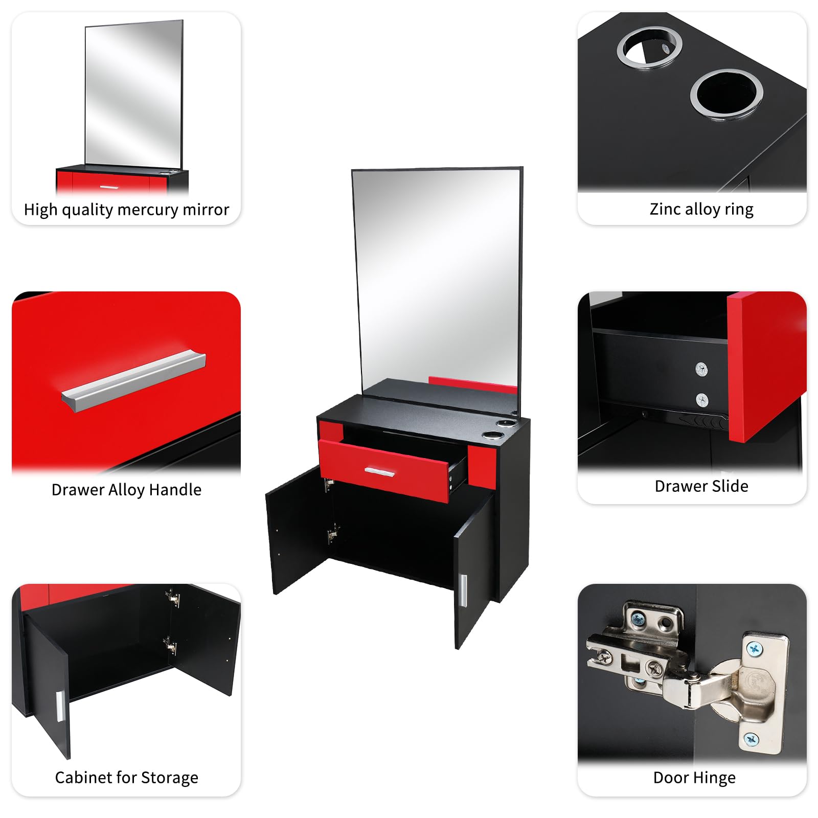 Professional Wall Mount Barber Salon Station - Hair Styling Equipment Set with Mirror, 2 Hair Dryer Holders, Drawer & Door - Beauty Spa Furniture for Barbershops & Salons (Red) - Perfect for Small Spaces & Home Use