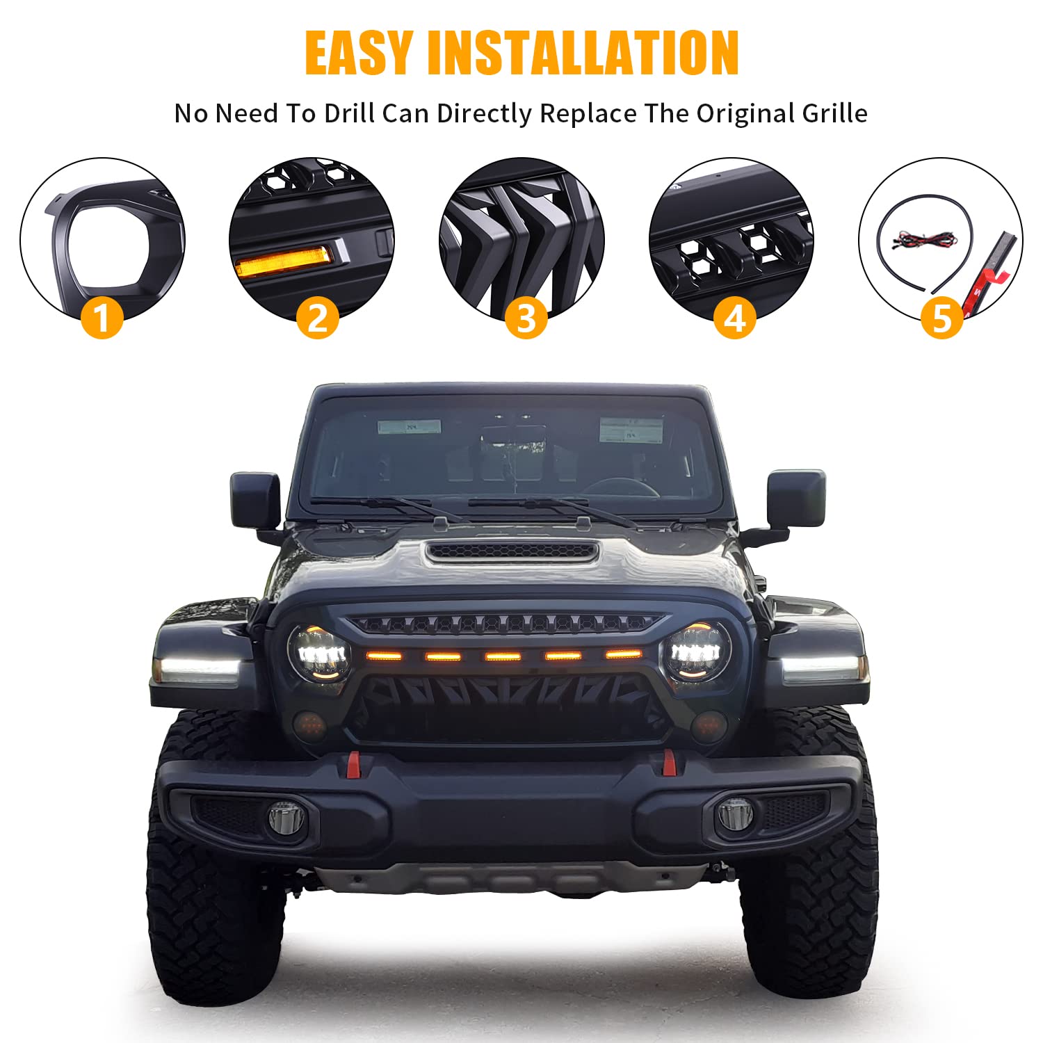 2007-2018 Jeep Wrangler JK JKU Front Grill Mesh Grille Cover - Matte Black with Amber LED Running Lights | Compatible with Unlimited, Rubicon, Sahara & Sport Models | Off-Road Protection & Stylish Upgrade