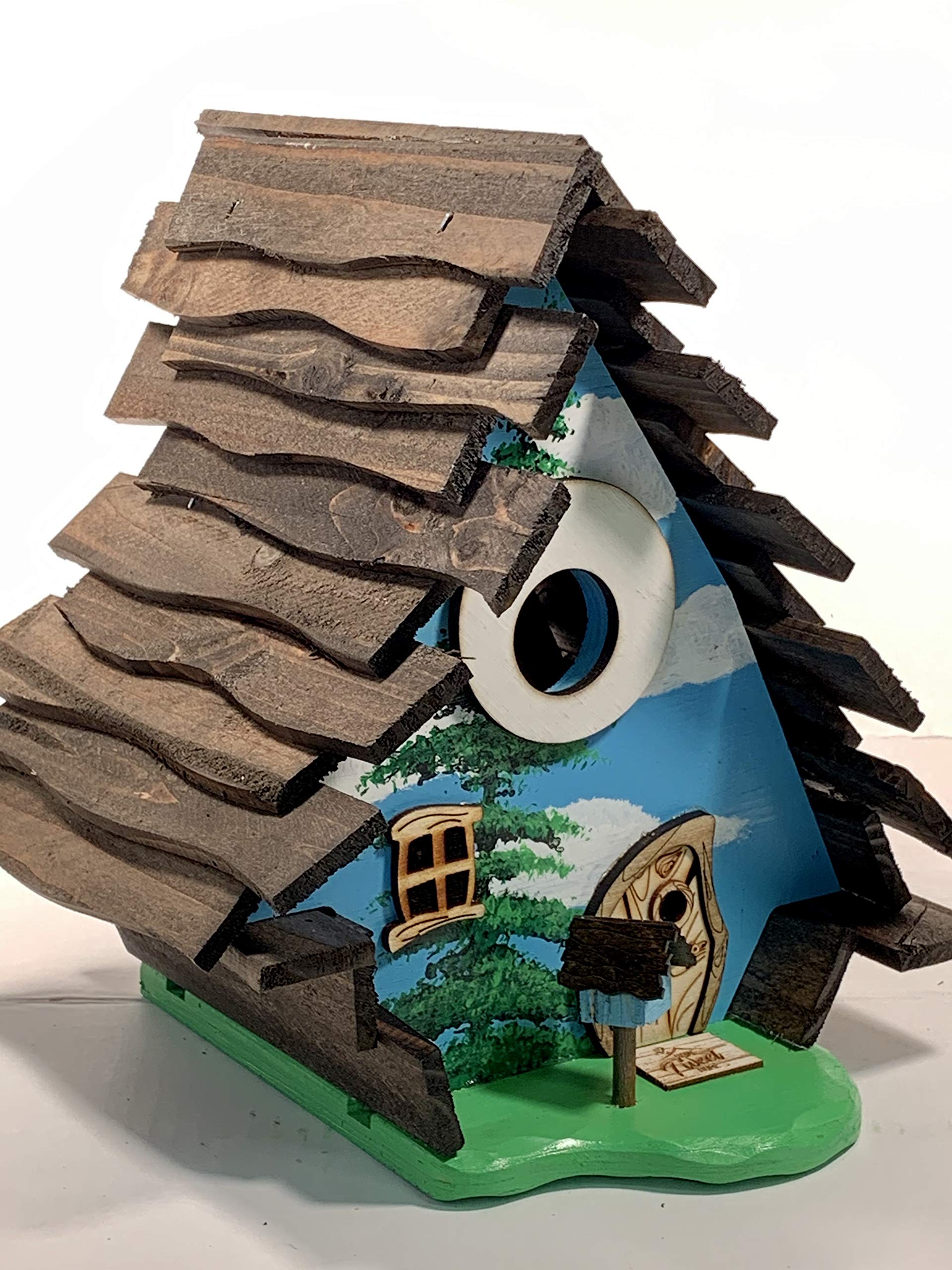Blue Bird House for Outside Hanging - Weatherproof Wooden Birdhouse with Happy Tree Design - Attract Wild Birds to Your Garden, Backyard or Patio