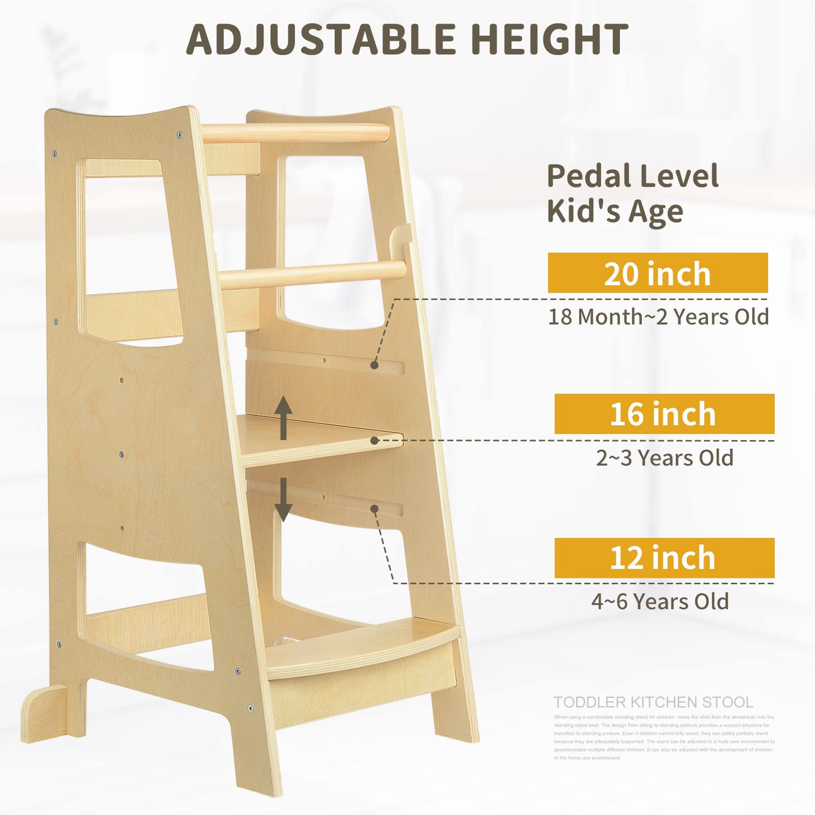 **Adjustable Wooden Toddler Step Stool with Safety Rail - 3 Height Levels for Kitchen, Bathroom & Counter - Safe Kids Step Stool Helper for Learning & Independence**    *(Use Scenes: Perfect for toddlers to safely reach sinks, countertops, or participate in cooking, brushing teeth, and other daily activities.)*